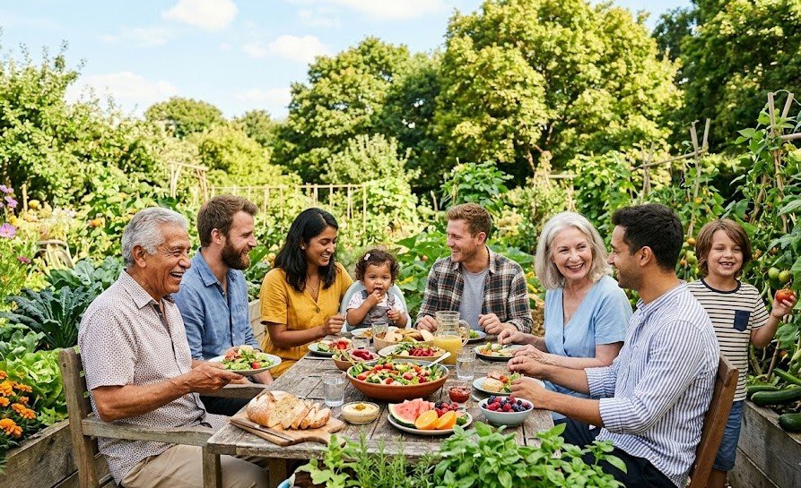 Family and friends enjoy a meal together outdoors in a lush garden, featuring various dishes, fruits, and drinks on a wooden table.
