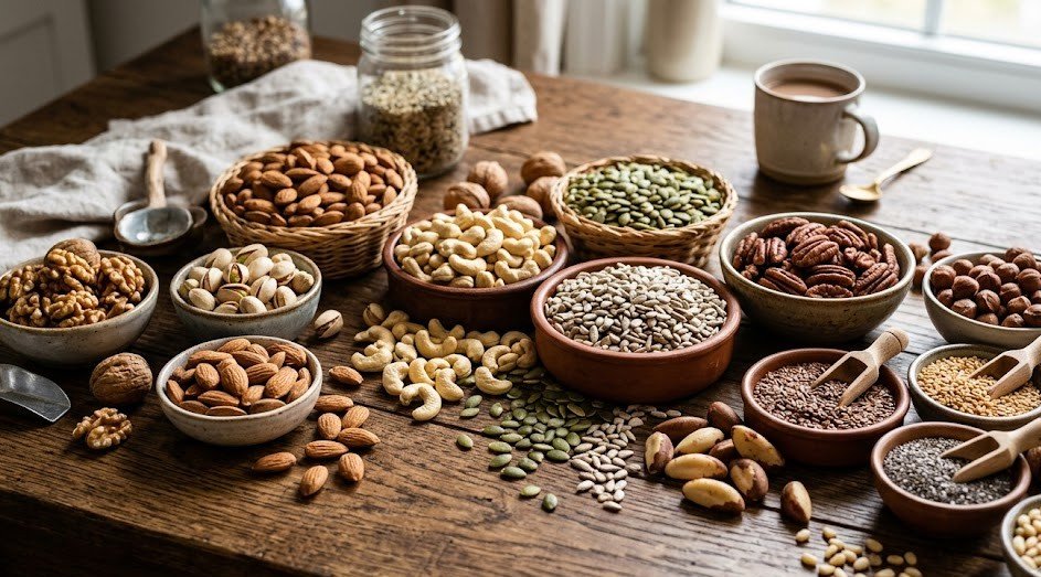 Assorted nuts and seeds in bowls on a wooden table, with a mug of hot chocolate or coffee in the background.