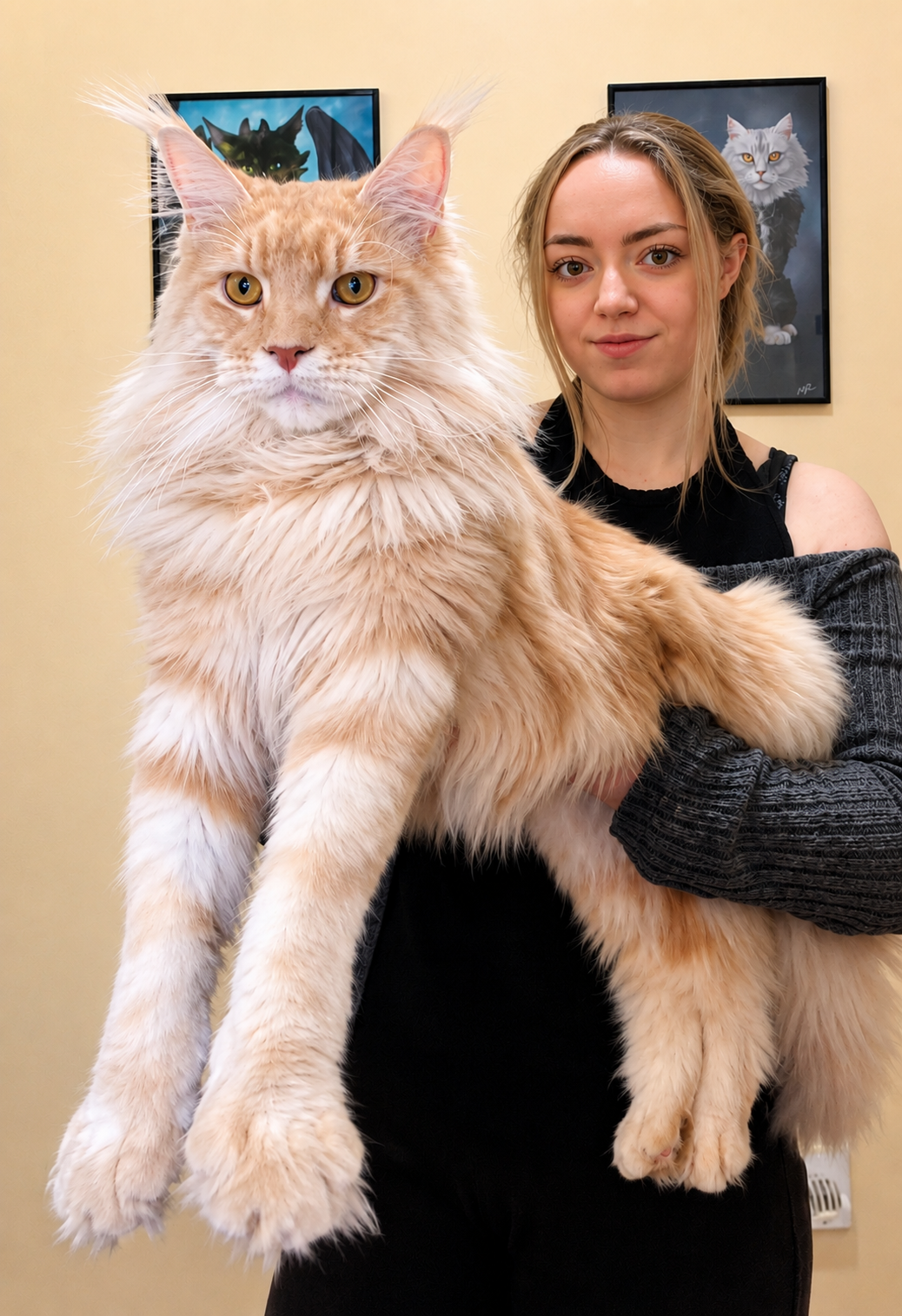 A young woman with blonde hair holding a large, fluffy orange Maine Coon cat. The background features framed pictures of cats on a yellow wall.