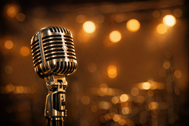 Vintage silver microphone on stand in front of blurred warm yellow lights.