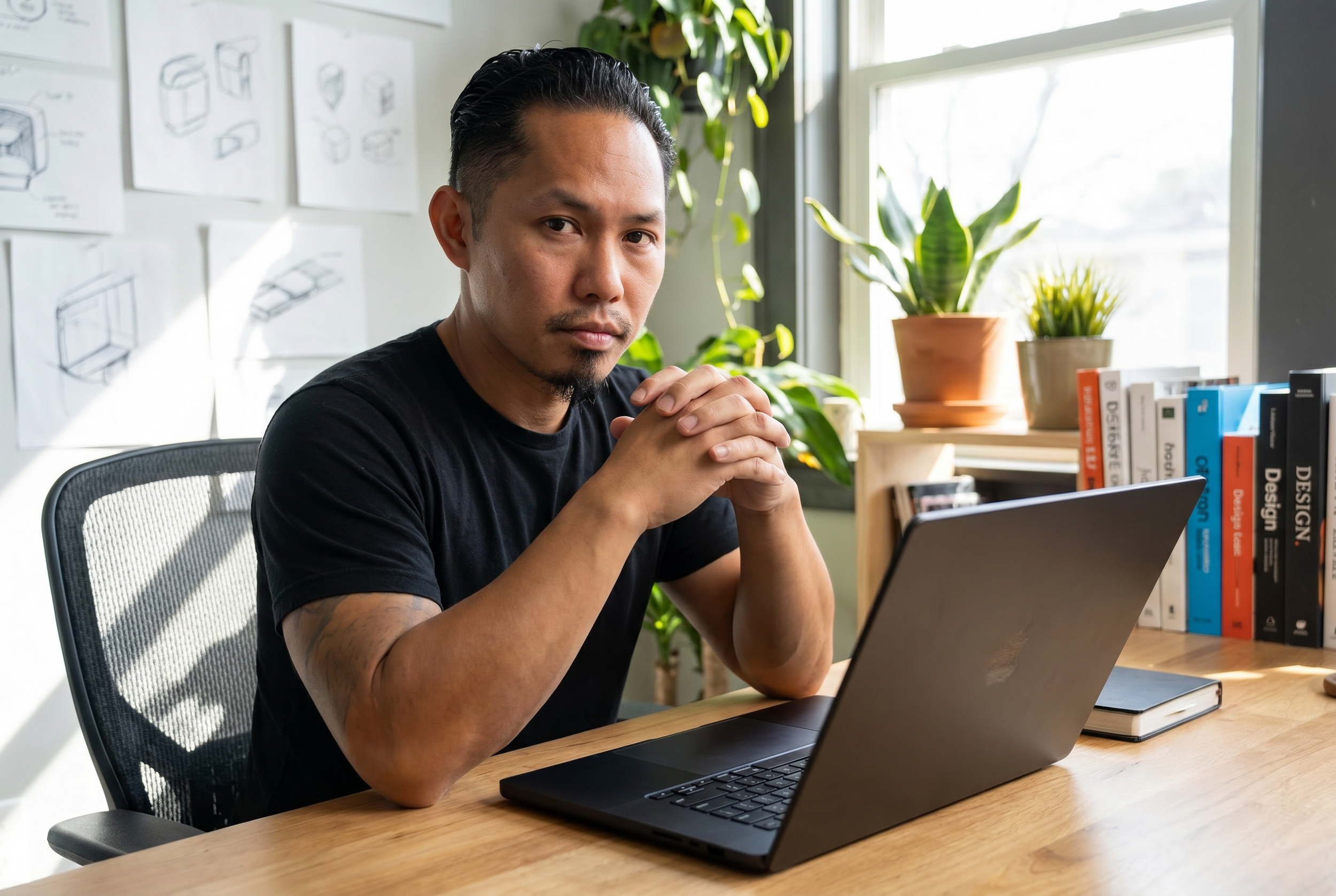 A man sitting at a wooden desk with a laptop, looking slightly to the camera with clasped hands, in an office with potted plants and books on design and technology.