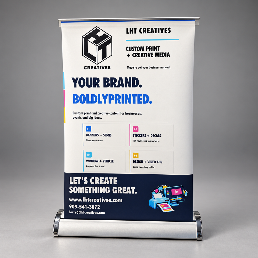 Table-top banner stand with a full-color LHT Creatives print