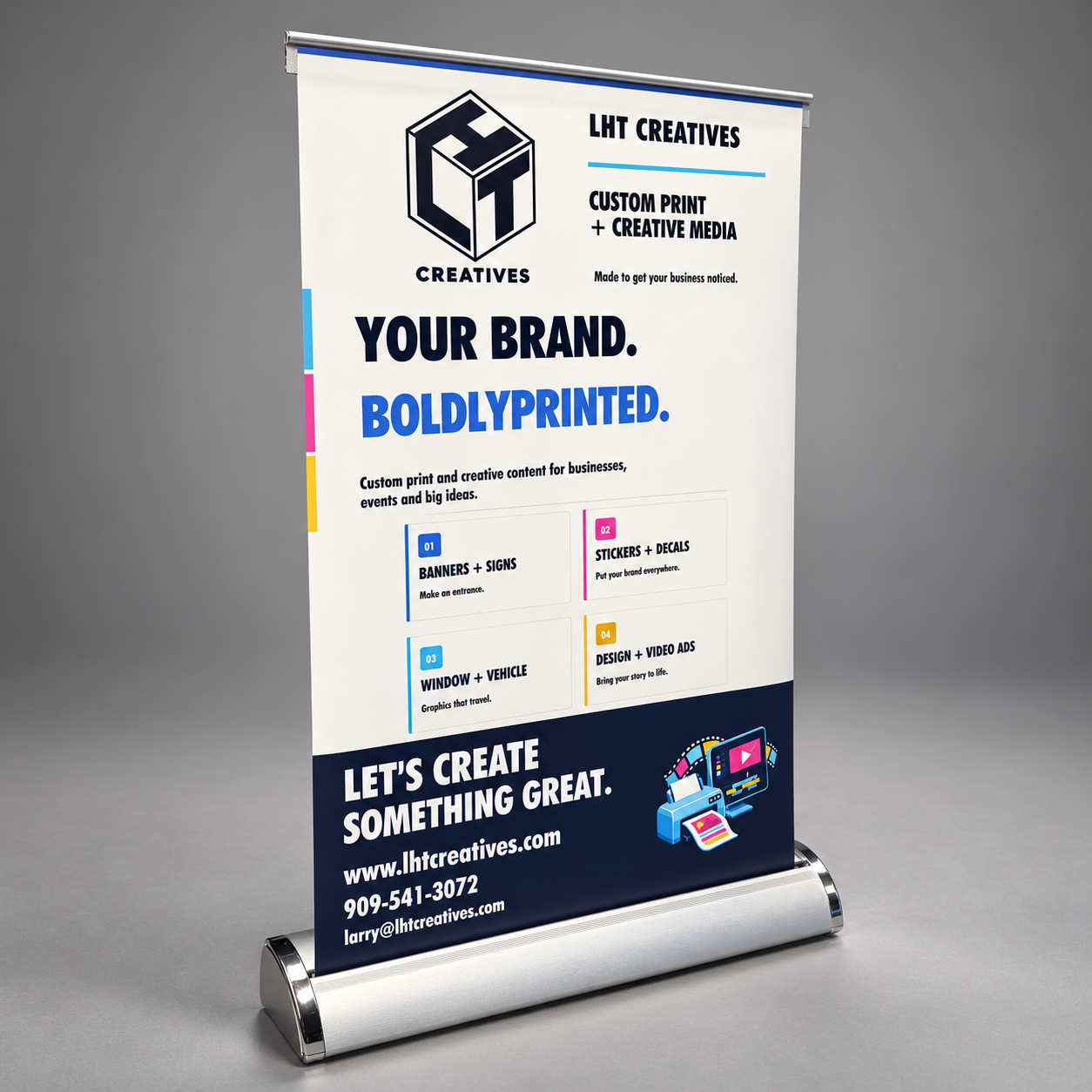 Table-top banner stand on a silver roll-up base, angled left