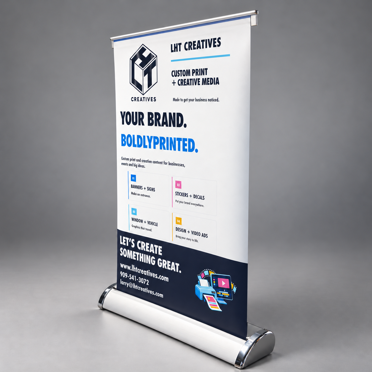 Table-top banner stand for counters and front desks, angled right