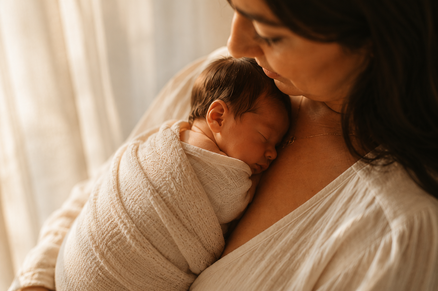A woman holding a sleeping newborn wrapped in a blanket, close to her chest.