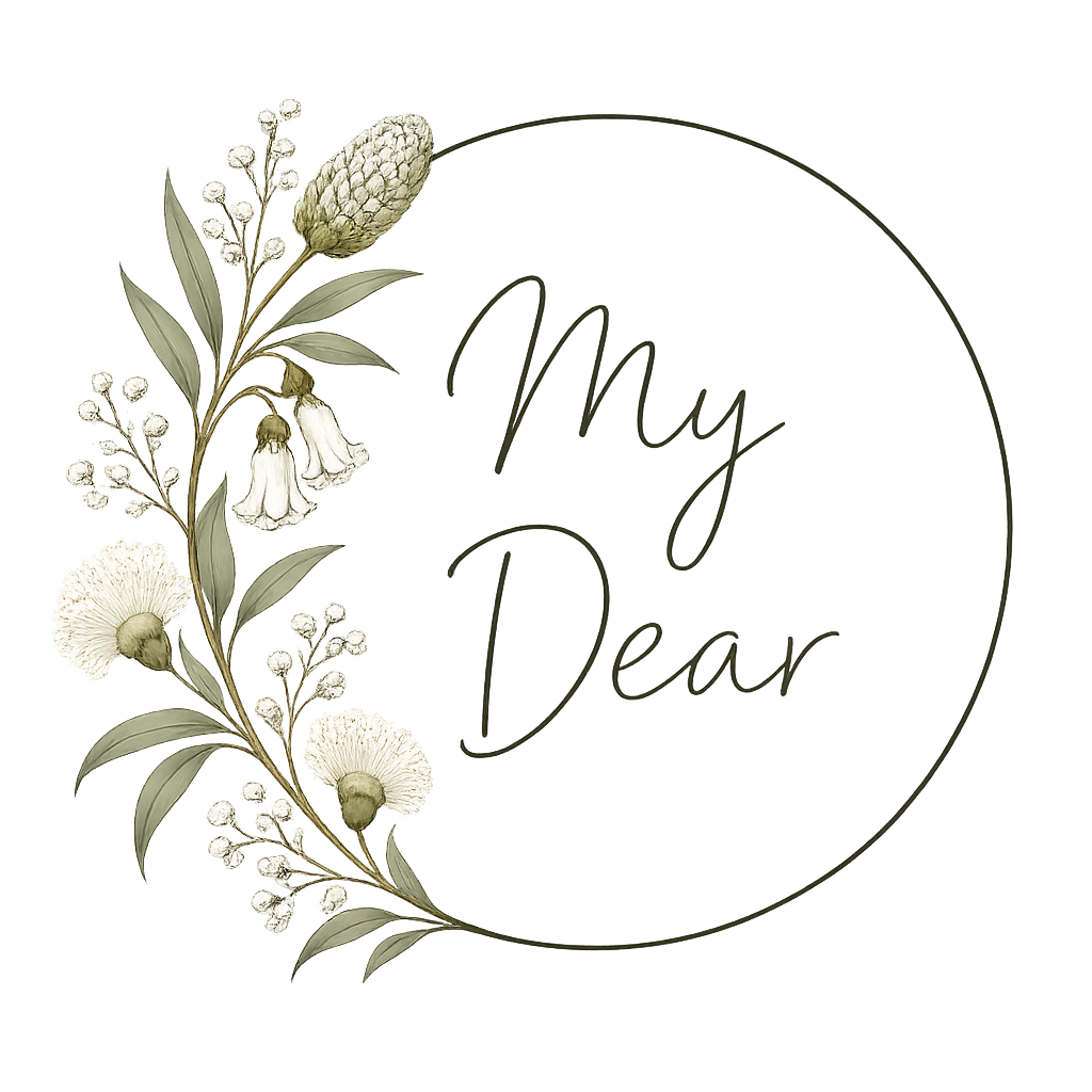 A decorative greeting card with the words "My Dear" inside a circle, adorned with illustrations of white flowers and greenery on the left side.