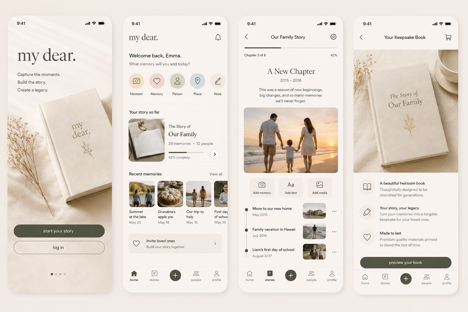 Screenshots of a mobile app called 'my dear' for creating a personal storybook. The app screens show a cover image with a book titled 'my dear' and illustrations, user welcome interface, a family story with memories and photos, a chapter overview, and a sample page of a keepsake book with a photo, text, and icons for adding content.