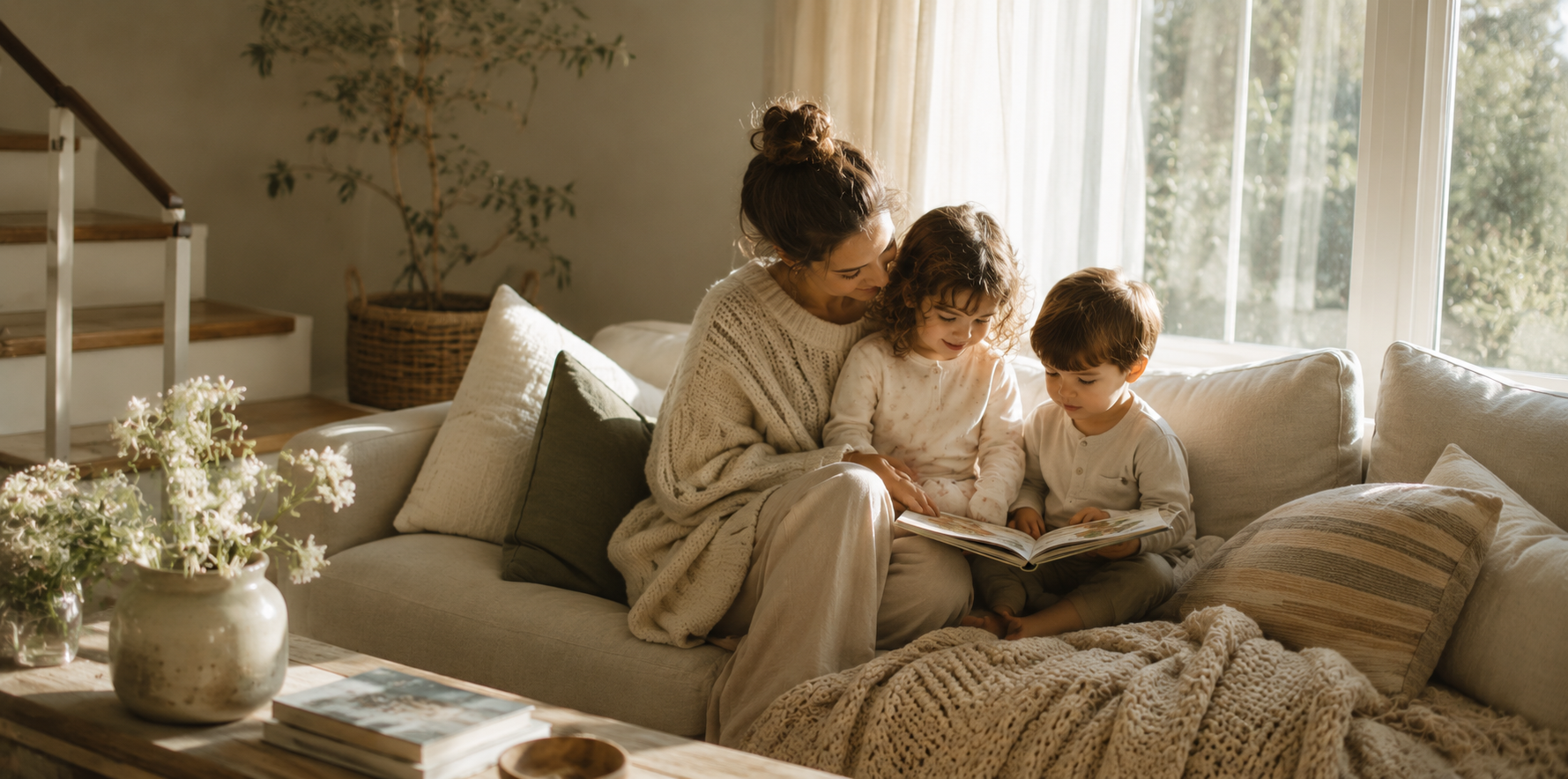 A woman and two children sit on a beige sofa in a sunlit living room, looking at a photo album together.