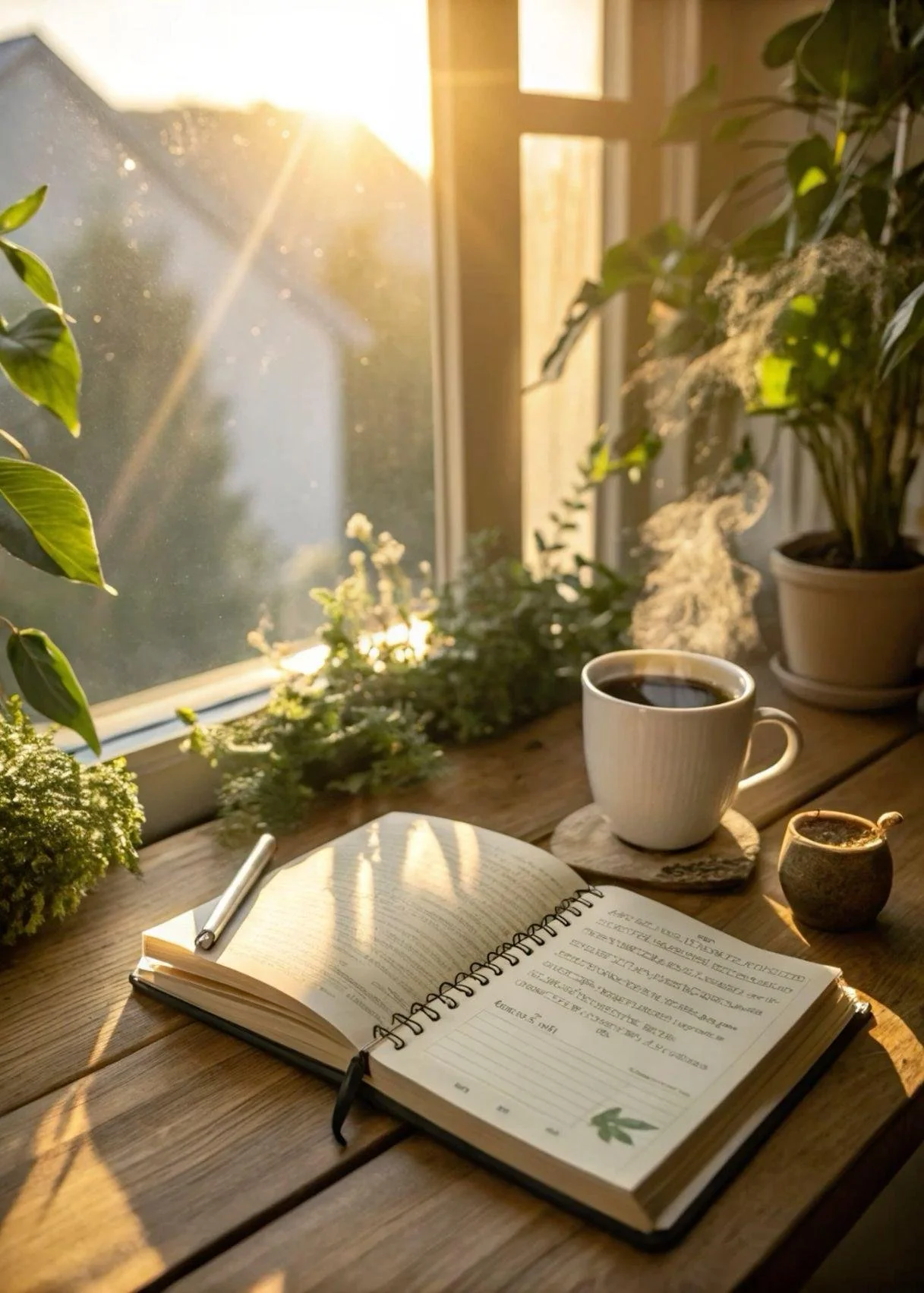 A cozy scene with sunlight streaming through a window onto a wooden table. On the table, there's an open notebook, a pen, a cup of coffee on a coaster, a small potted plant, and various greenery and decorative plants nearby.