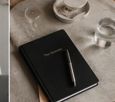 A black notebook labeled "The Systems" with a silver pen on top, a glass of water, a small bowl with a candle, and a candle holder on a gray surface.