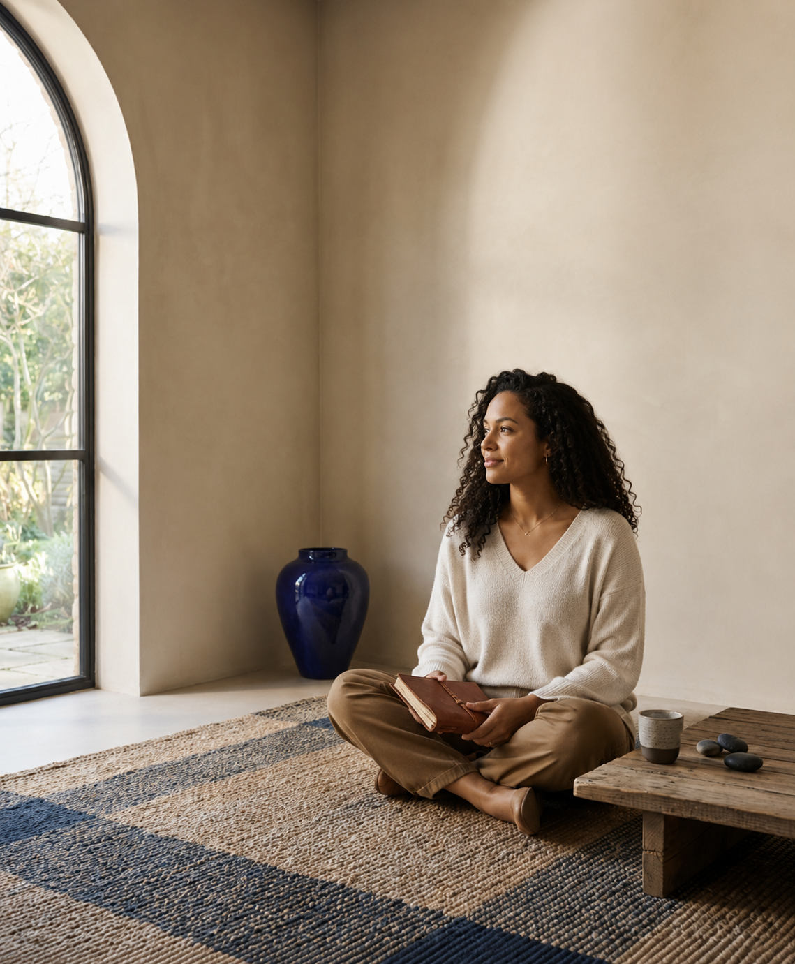 A woman sitting cross-legged on a rug near a large window, holding a journal and looking thoughtfully outside. There is a blue vase near the window and a small table with stones and a cup.
