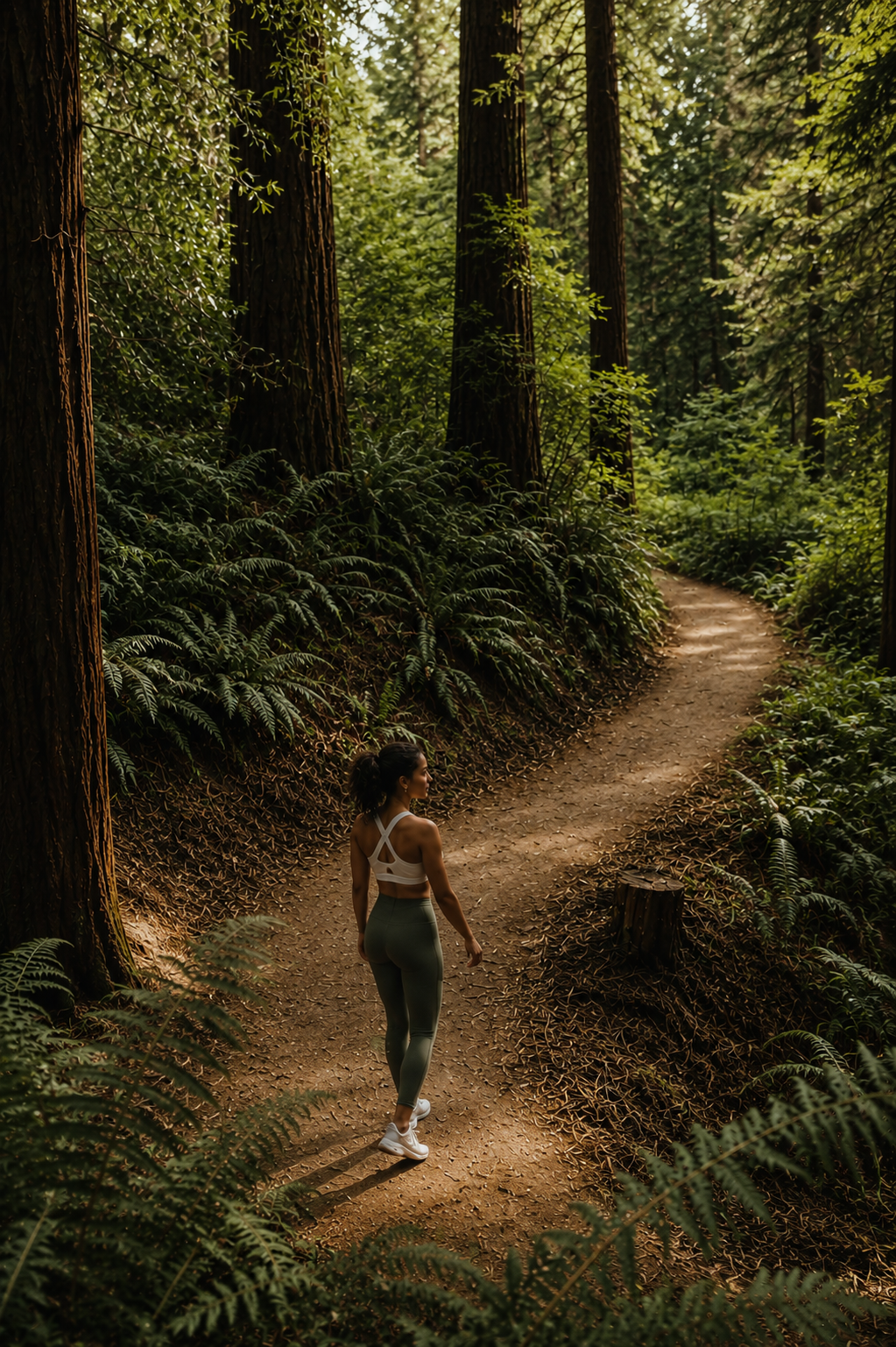 A woman in athletic clothes walking on a dirt trail through a dense forest with tall trees and lush greenery.