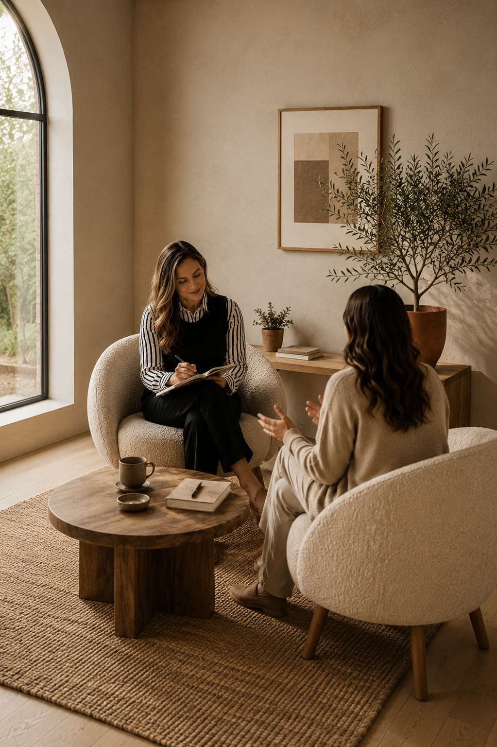 Two women having a conversation in a cozy, well-lit room with a large window and minimalistic decor.