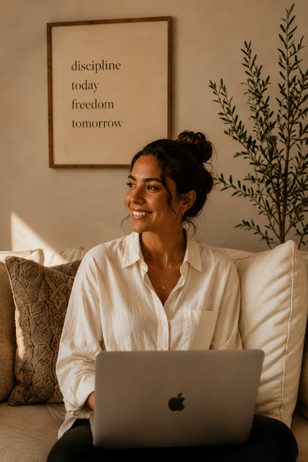 Young woman sitting on a beige couch with a laptop, smiling, in a cozy room with a framed quote on the wall that reads 'discipline today freedom tomorrow', and a tall potted plant nearby.