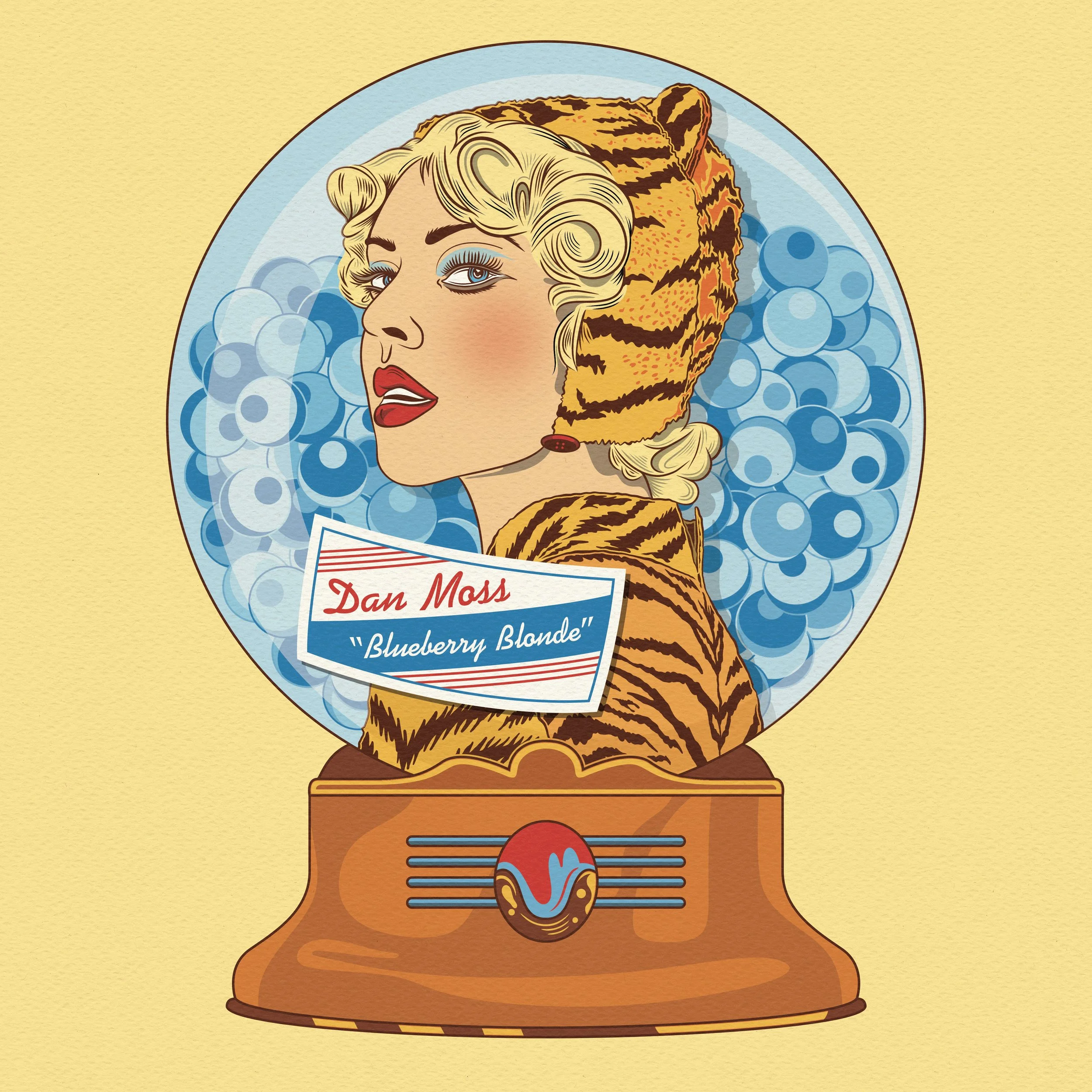 Blueberry Blonde album cover, illustration of a woman in a tiger-print hood inside a snow globe.
