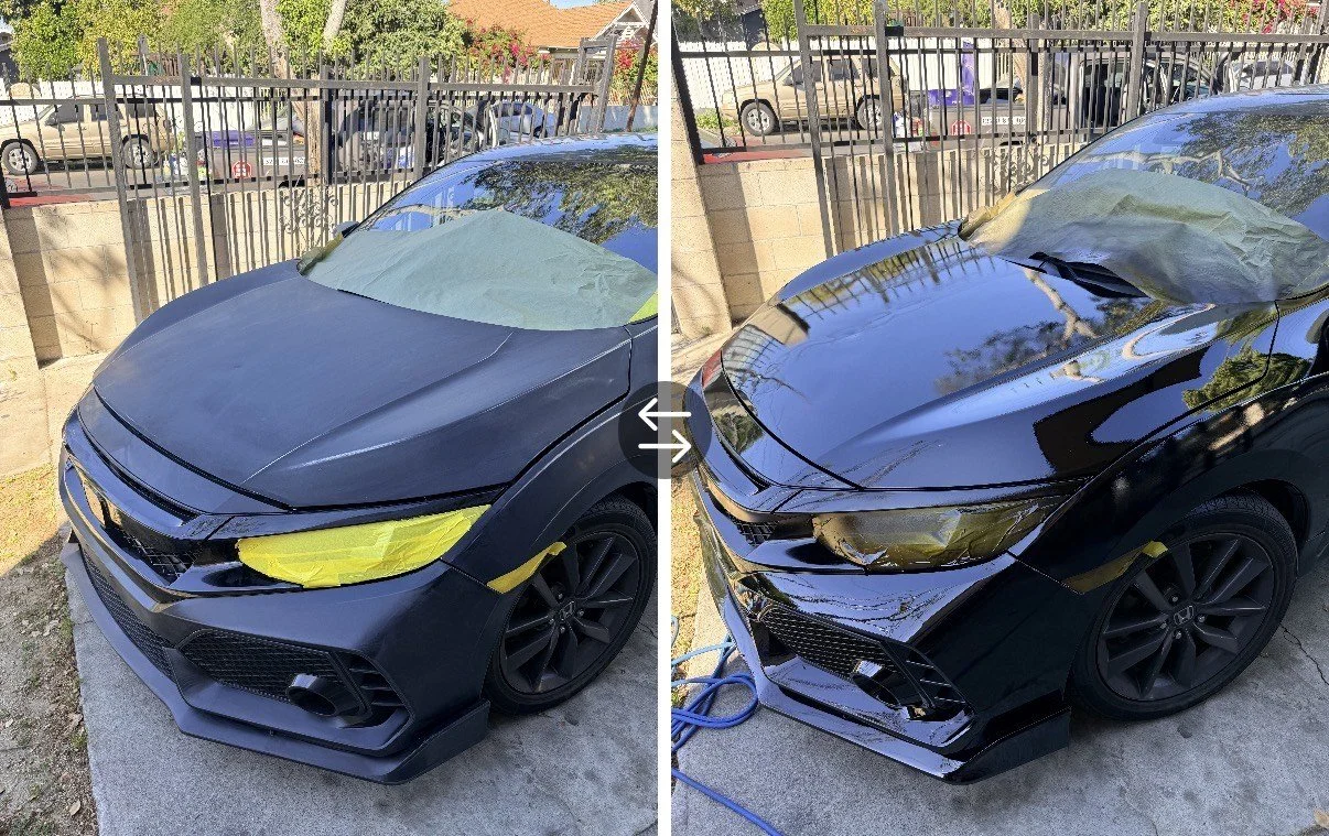 A black car showing before and after photos of a hood repair, with the hood painted and polished, including yellow protective tape around the headlights and edges.