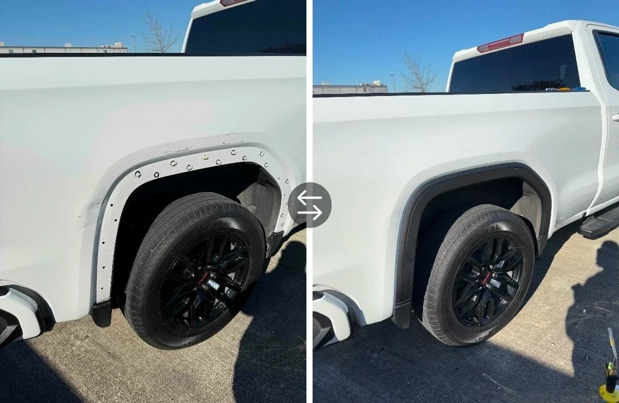 Comparison of a truck wheel well with and without a fender liner installed. The left side shows the exposed wheel well with visible rivets, and the right side shows the installed fender liner covering the wheel well.