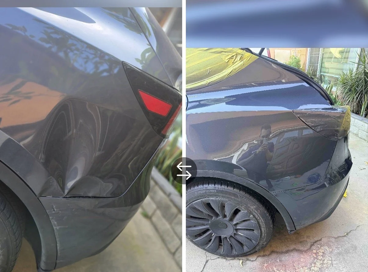 Comparison of two black cars with visible damage. The left car shows scratches and scuffs on the rear bumper. The right car has a dent and scratch on the rear quarter panel, with a yellow cover or tape over part of the trunk.