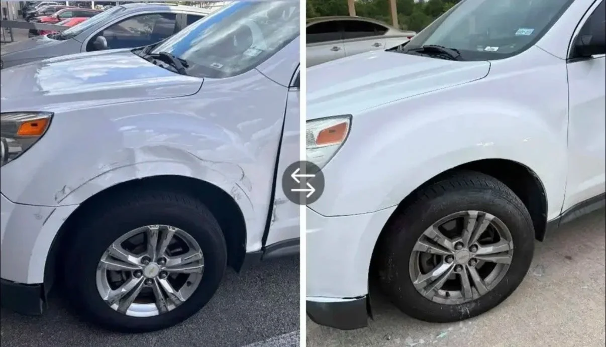 Comparison of two white SUVs, with the one on the left having visible damage on the front left side and the one on the right appearing undamaged.