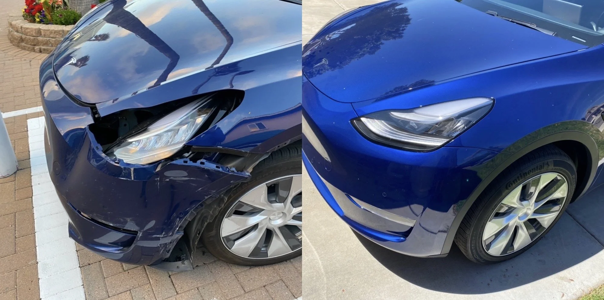 Side-by-side comparison of two blue cars, one damaged with a broken headlight and front bumper, and the other undamaged with a sleek appearance.