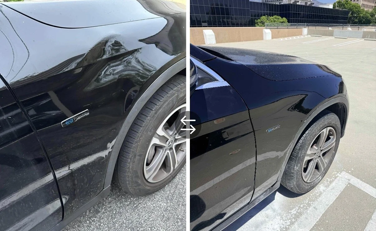Comparison of two black electric cars with visible damage and scratches on the body, parked in different parking lots.