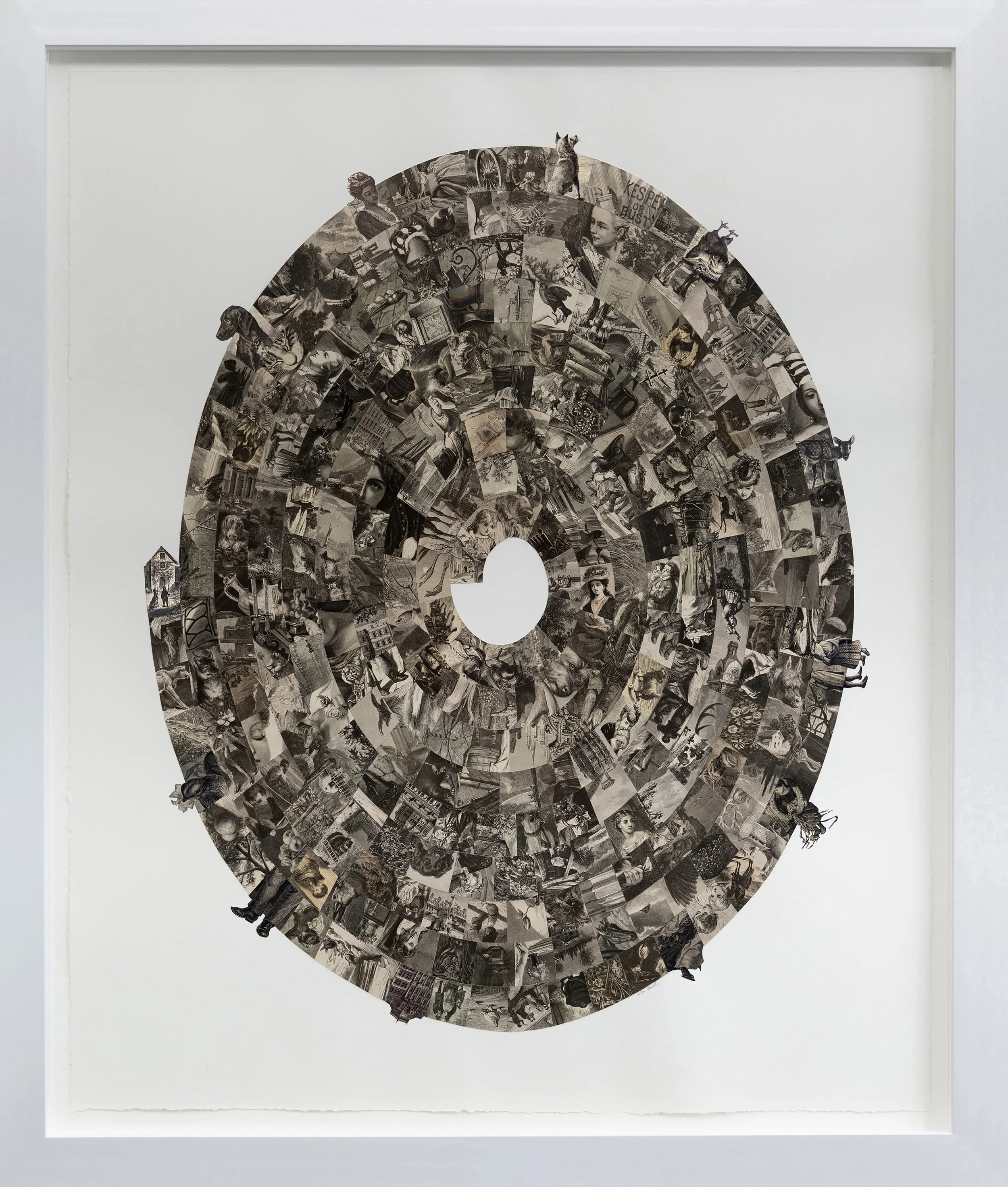 Kim Smith
Large Oval #3 – House & Village with Dog, 2020
Antique papers, circa 1870s
43.75 × 37 × 1 inches
Framed