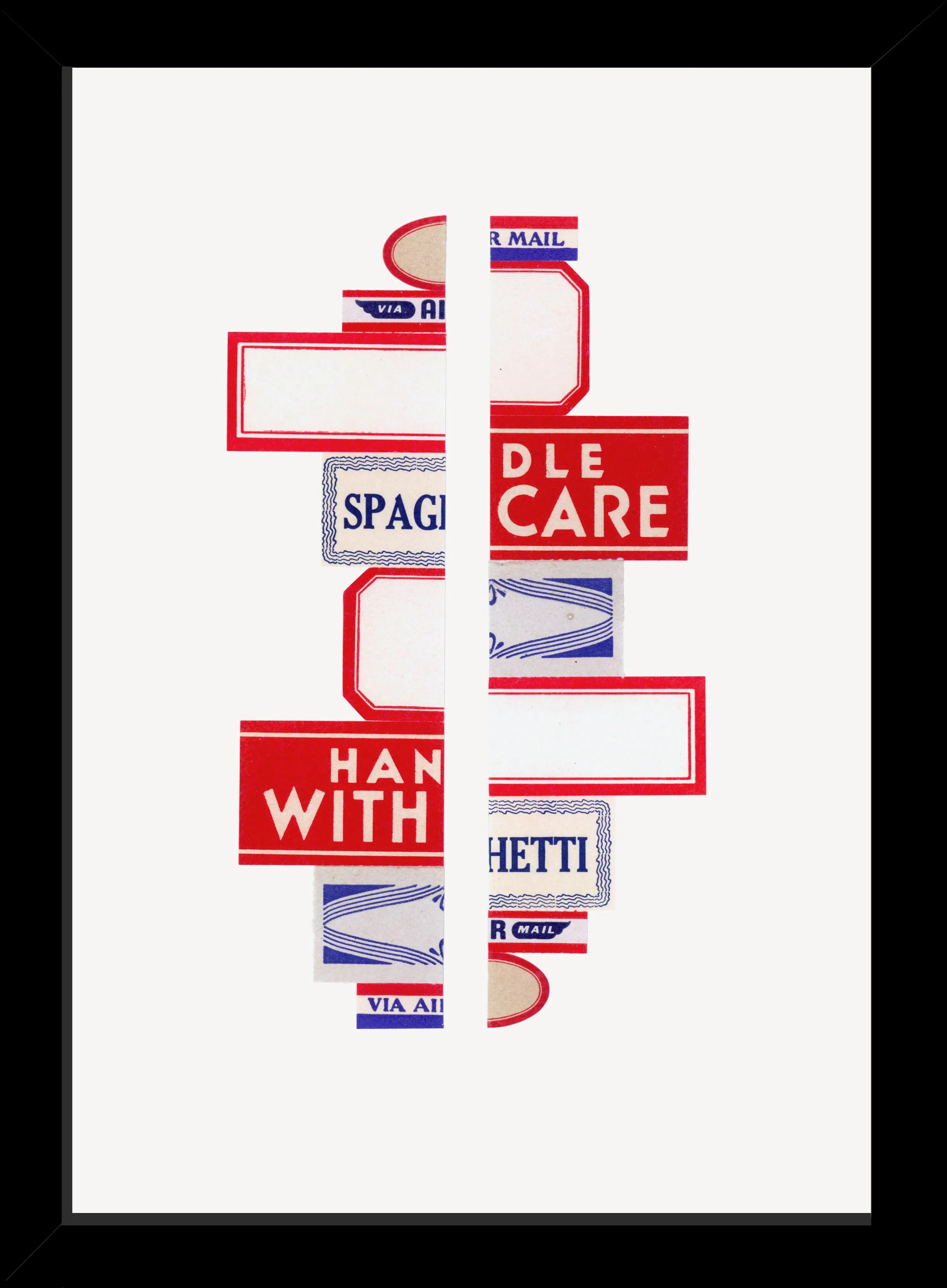 Kim Smith
Labelscape – Spaghetti, 2025
Vintage labels with Yes! Paste on rag board
11 × 8 × 0.75 inches
Framed