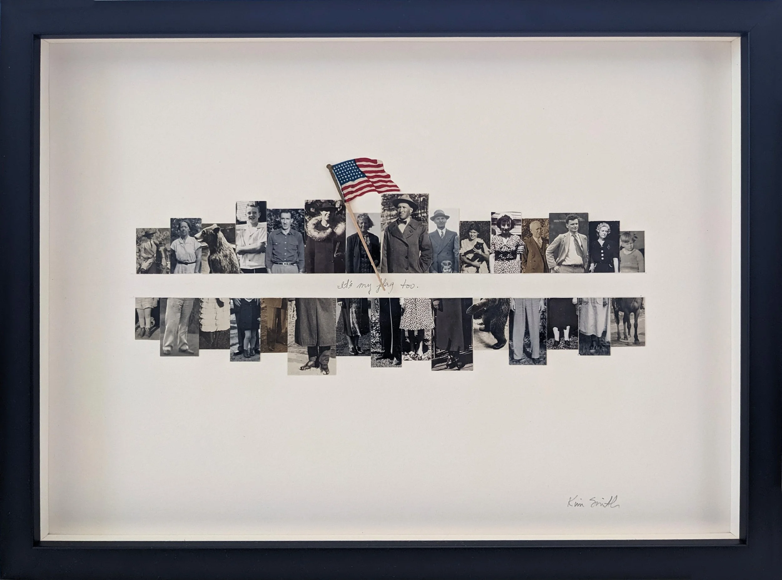 Peoplescape – It’s My Flag Too #3, 2026
Collage of antique photographs and a vintage flag with Yes! Paste on rag board
9.5 × 12.5 × 1 inches
Framed