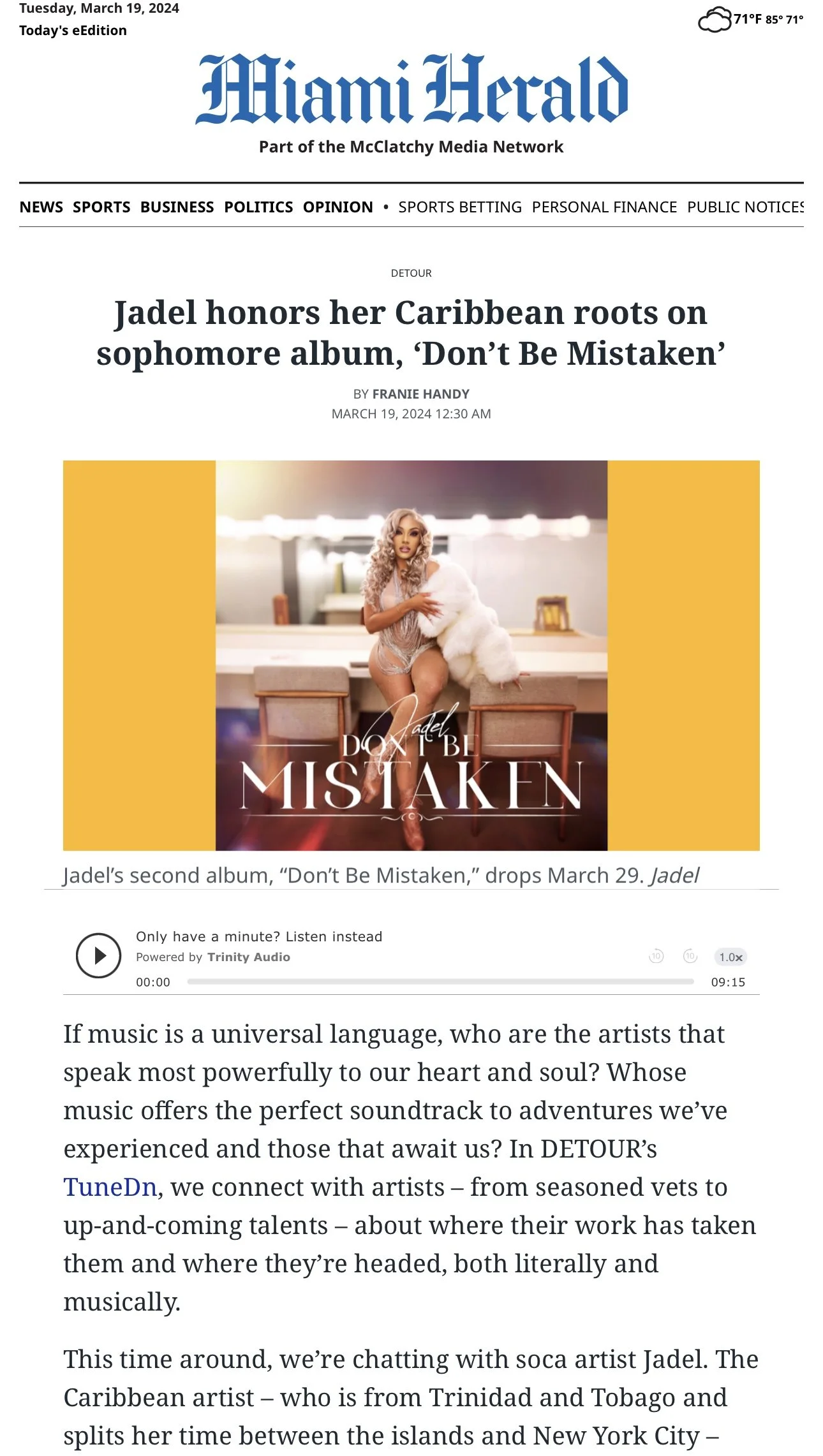 Trinidadian Soca Artist Jadel Featured in Miami Herald