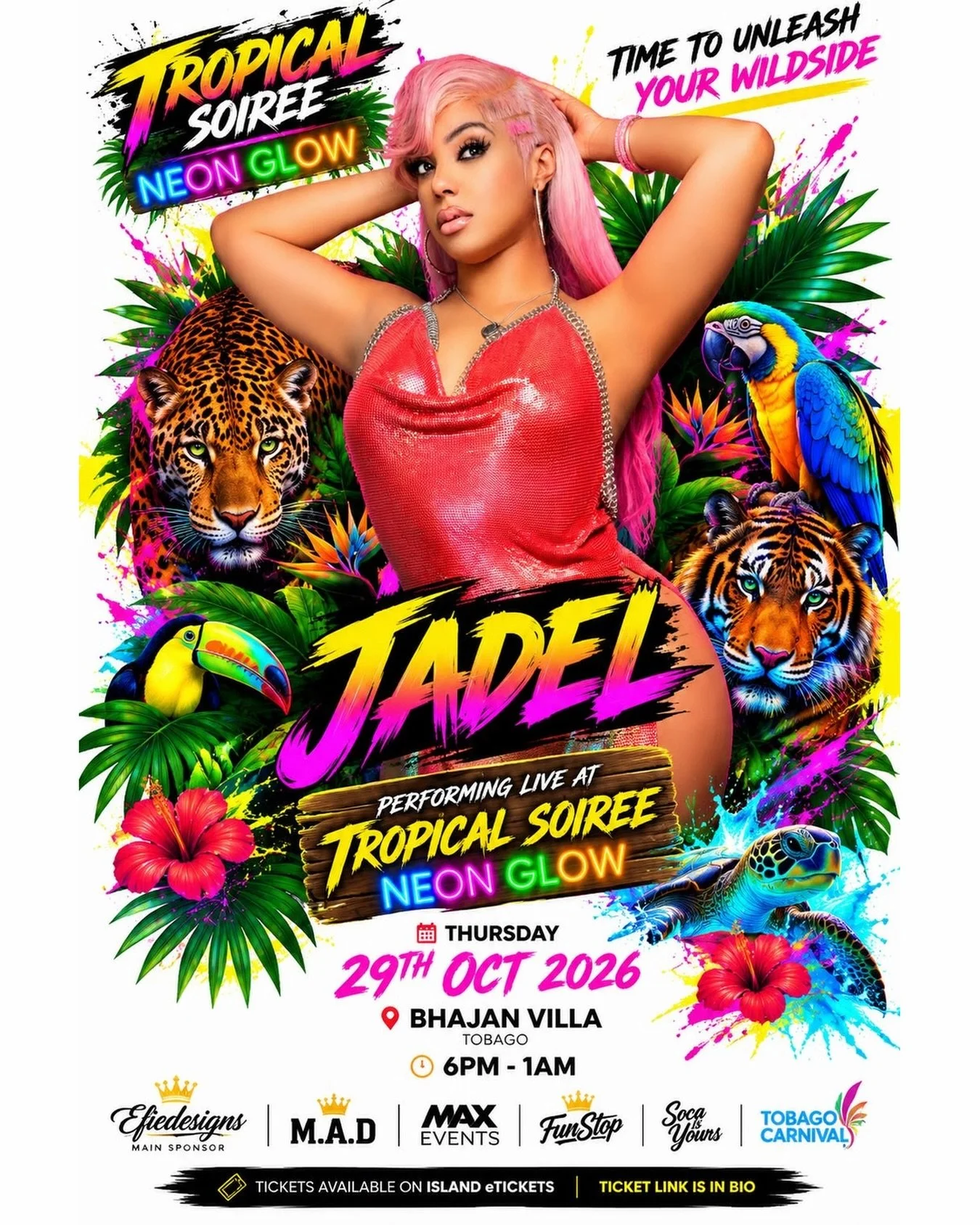 Tobago, I&rsquo;m coming! 🌴💖🔥

Catch me LIVE at Tropical Soiree: Neon Glow this Tobago Carnival! We outside for a whole night of vibes, colour and Soca. 😮&zwj;💨🎶

📍 Bhajan Villa, Tobago
📅 Thursday, October 29th
⏰ 6PM &ndash; 1AM