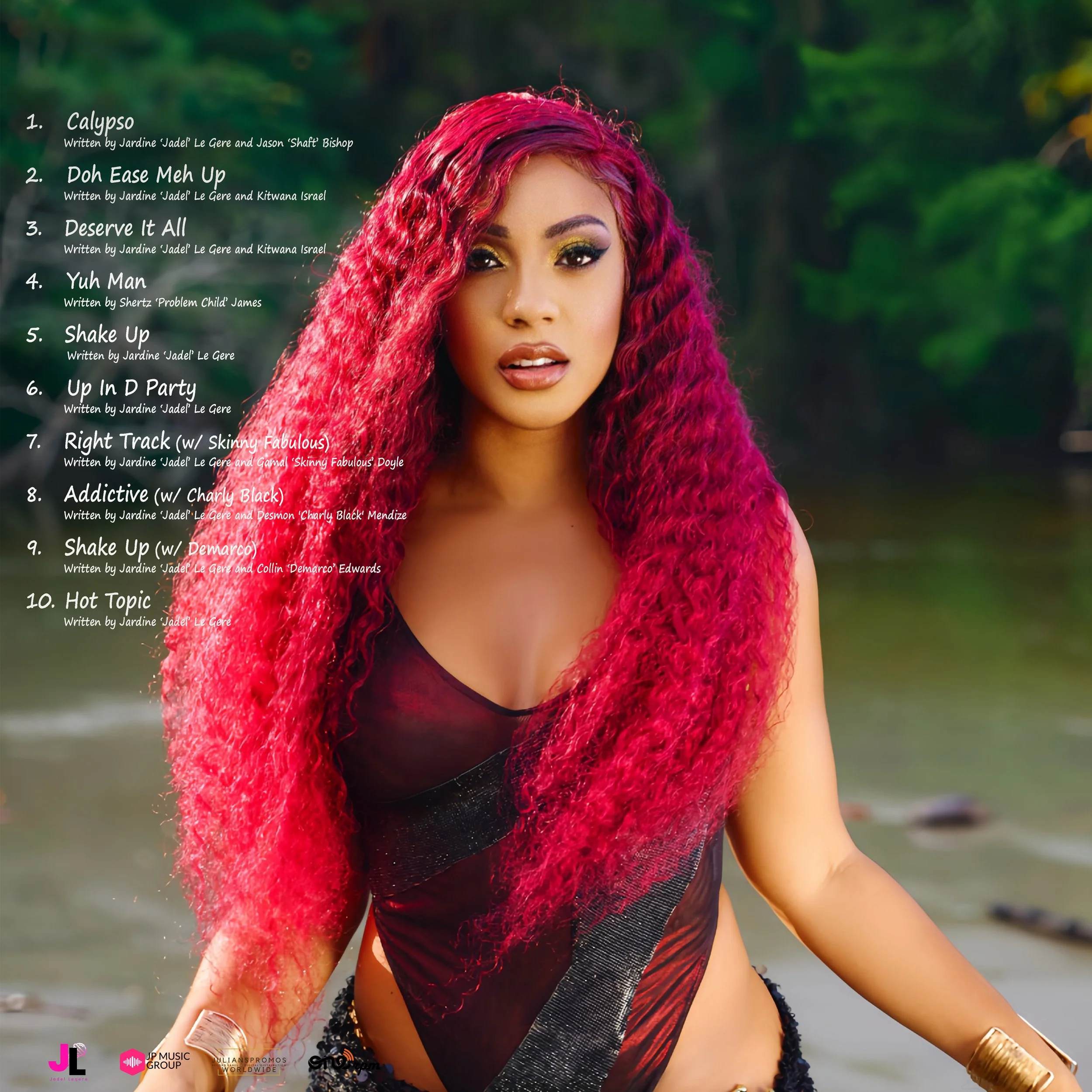 Jadel - Don't Be Mistaken Album Back Cover. A woman with curly, bright pink hair wearing a black and red dress, standing near a body of water with a blurred green forest in the background.