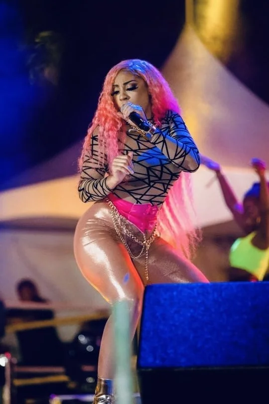Jadel with long pink curly hair singing on stage, wearing a mesh top and metallic pants, with stage lights and backup dancers in the background.