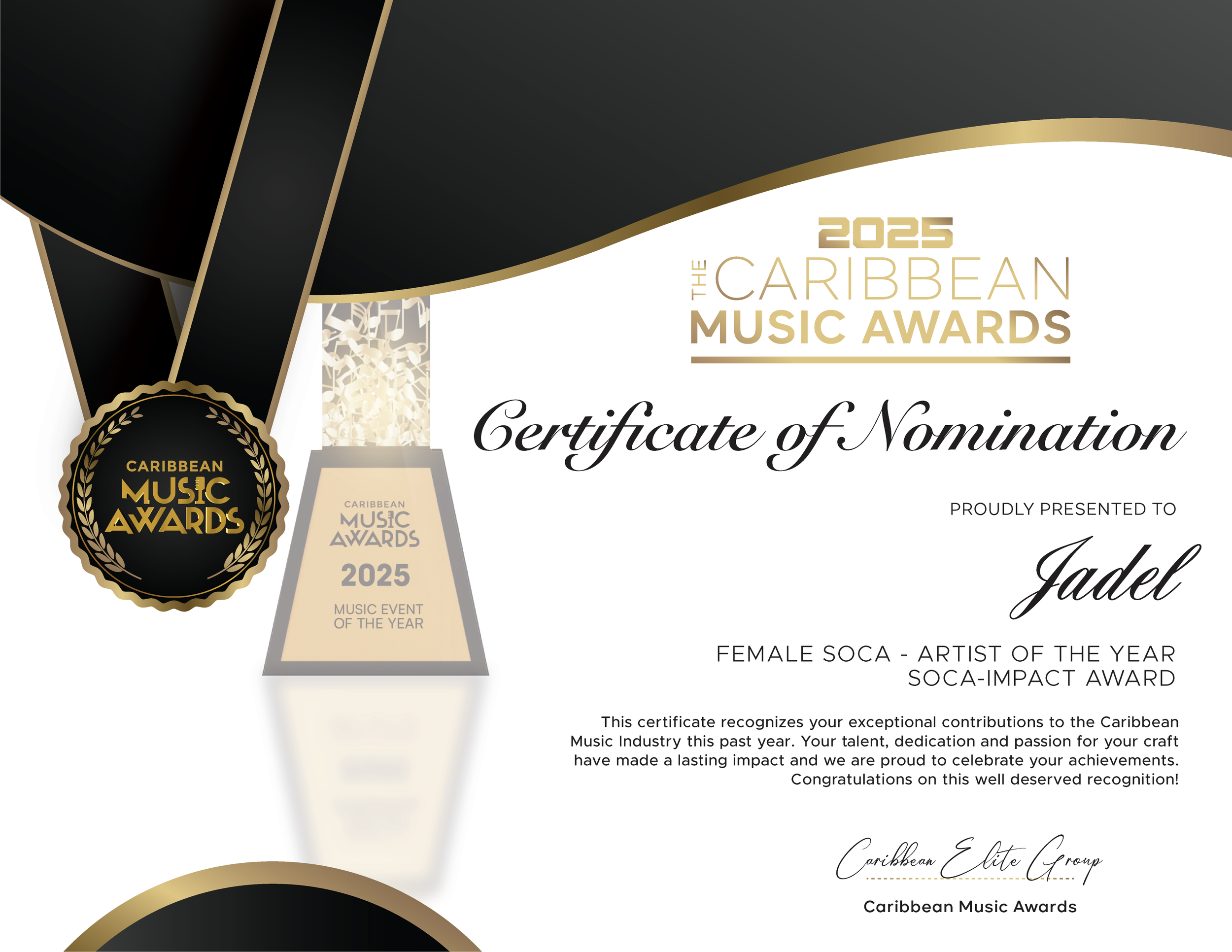Jadel 2025 Caribbean Music Awards - Certificate of Nomination - Jadel.png