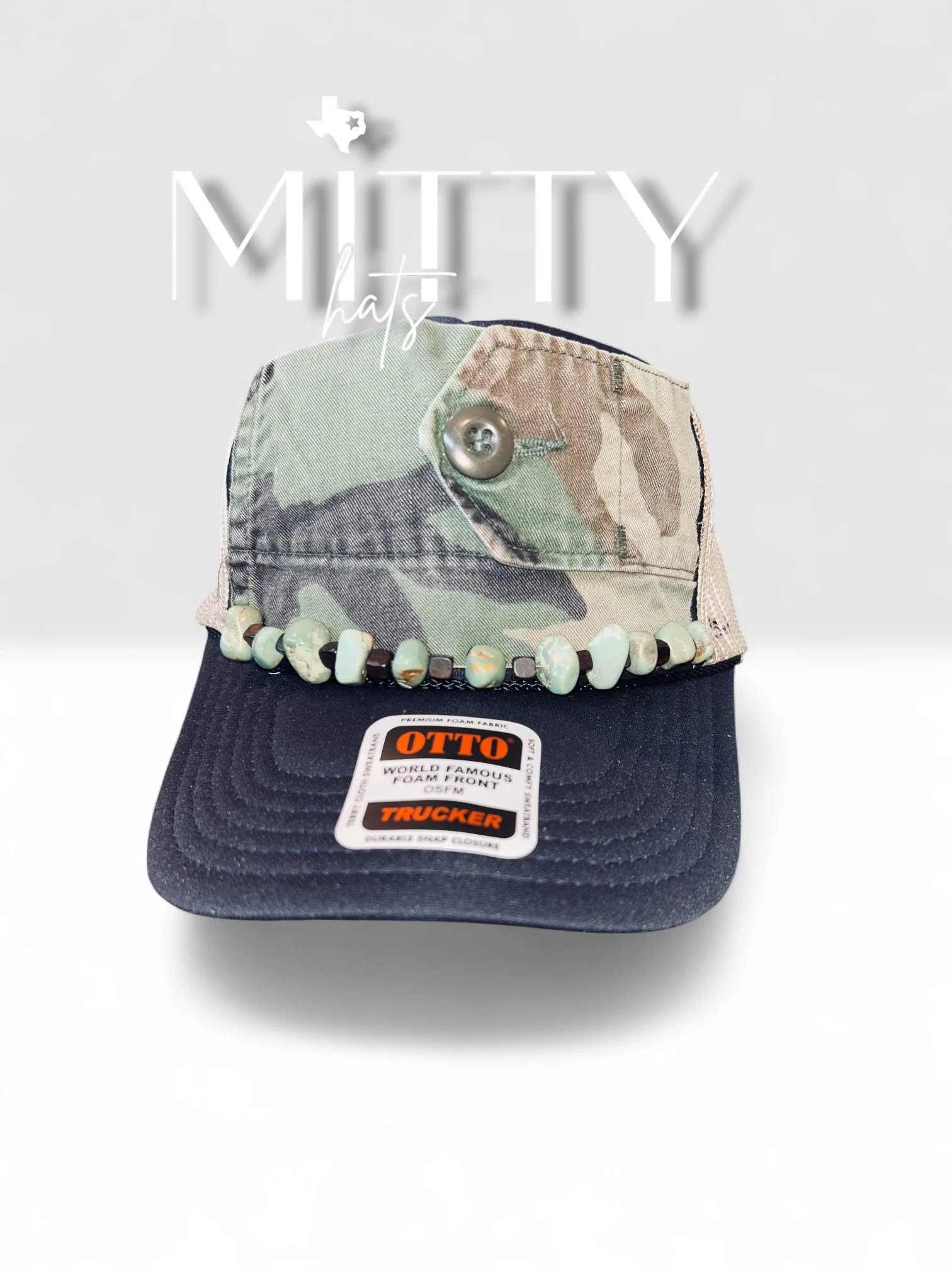 Classic Trucker Rope Hat/ Camo & Beaded Stones