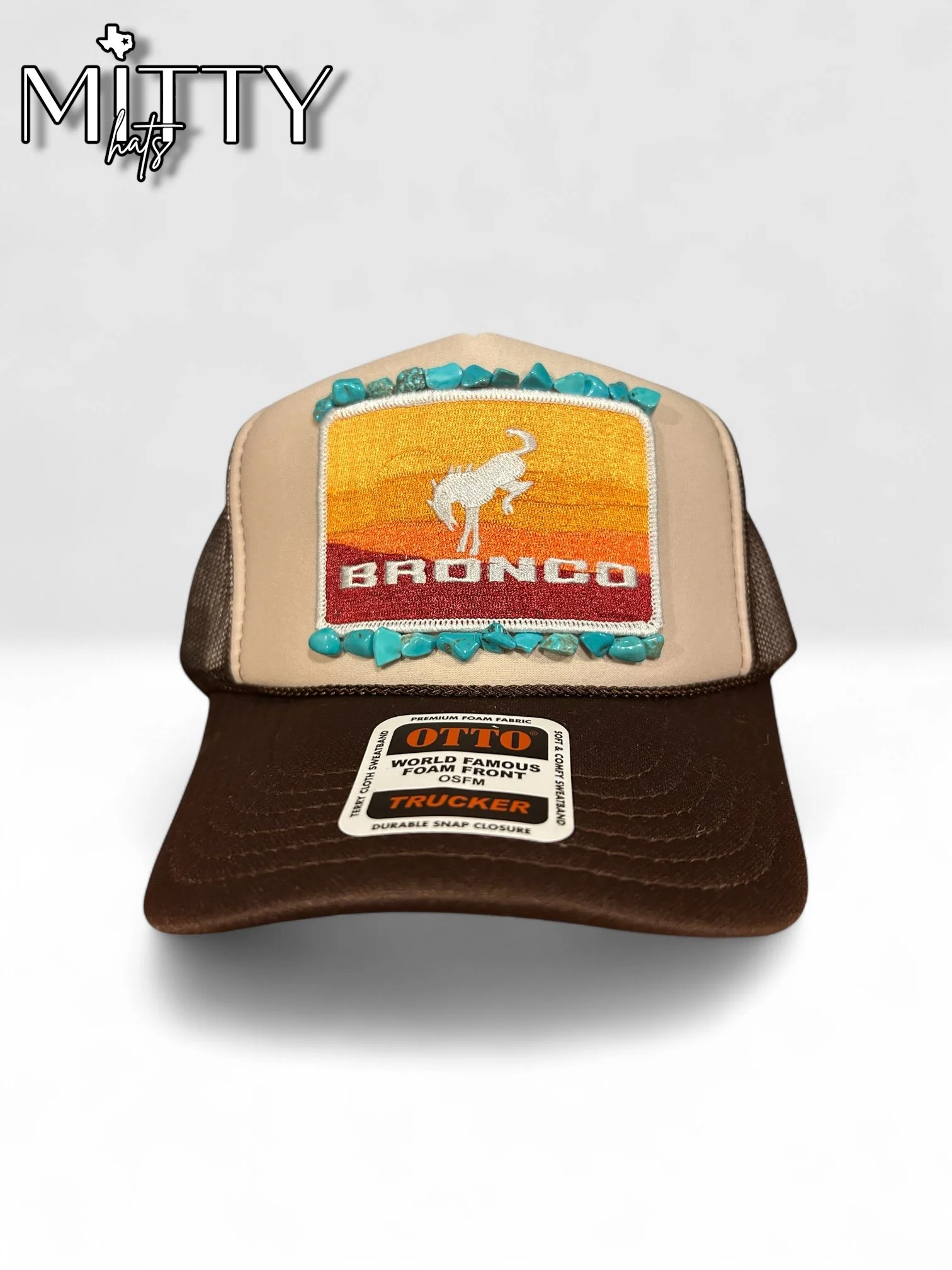 Classic Trucker Rope Hat/ Rectangle Bronco Patch & Stones
