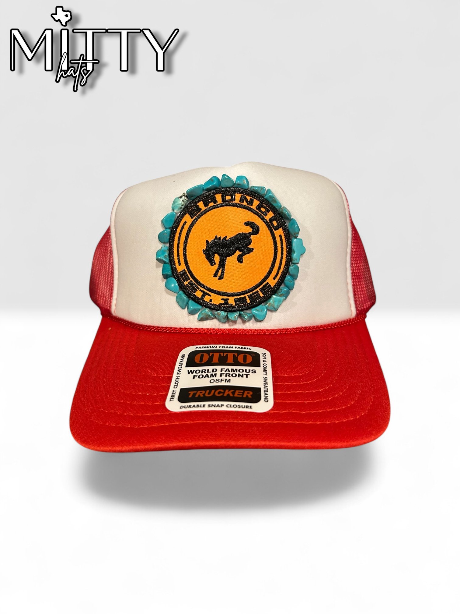 Classic Trucker Rope Hat/ Circle Bronco Patch & Stones