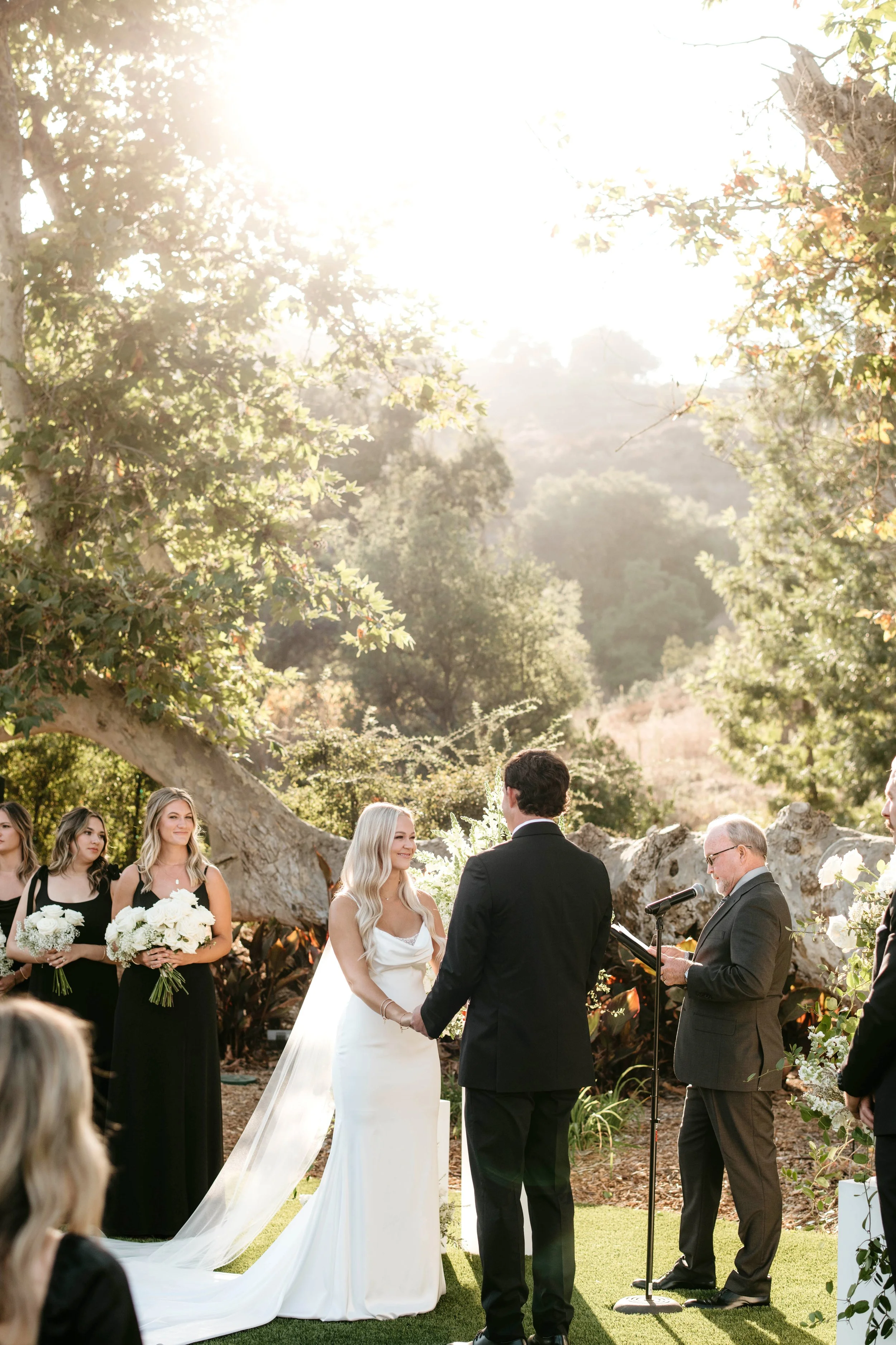 Wedding ceremony outdoors with bride and groom holding hands, surrounded by bridesmaids holding bouquets, officiant reading, under a large tree with sunlight filtering through leaves.
