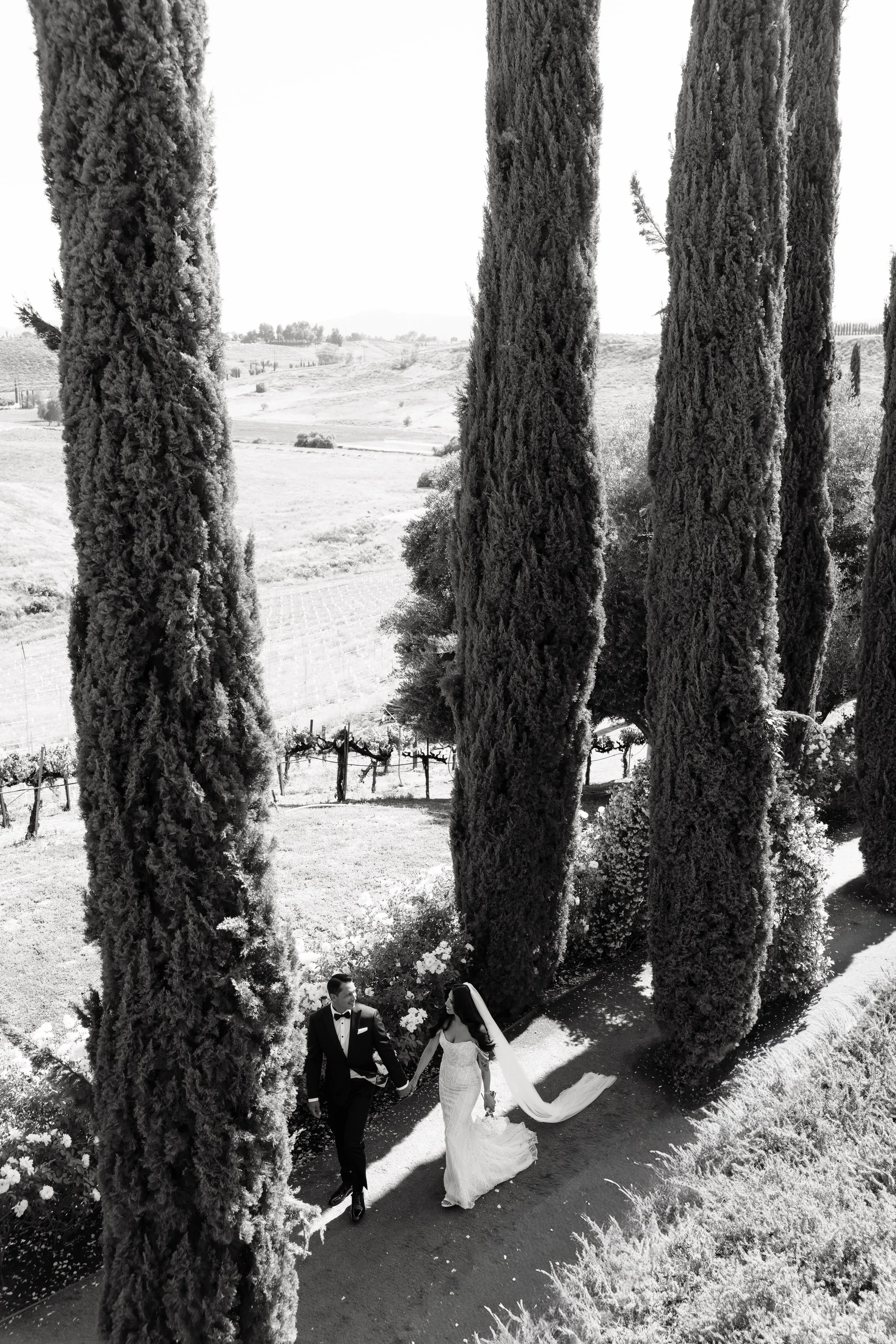 A black and white photo of a bride and groom walking outdoors, holding hands, with tall trees in the background. The bride is wearing a long white gown with a veil, and the groom is dressed in a tuxedo.