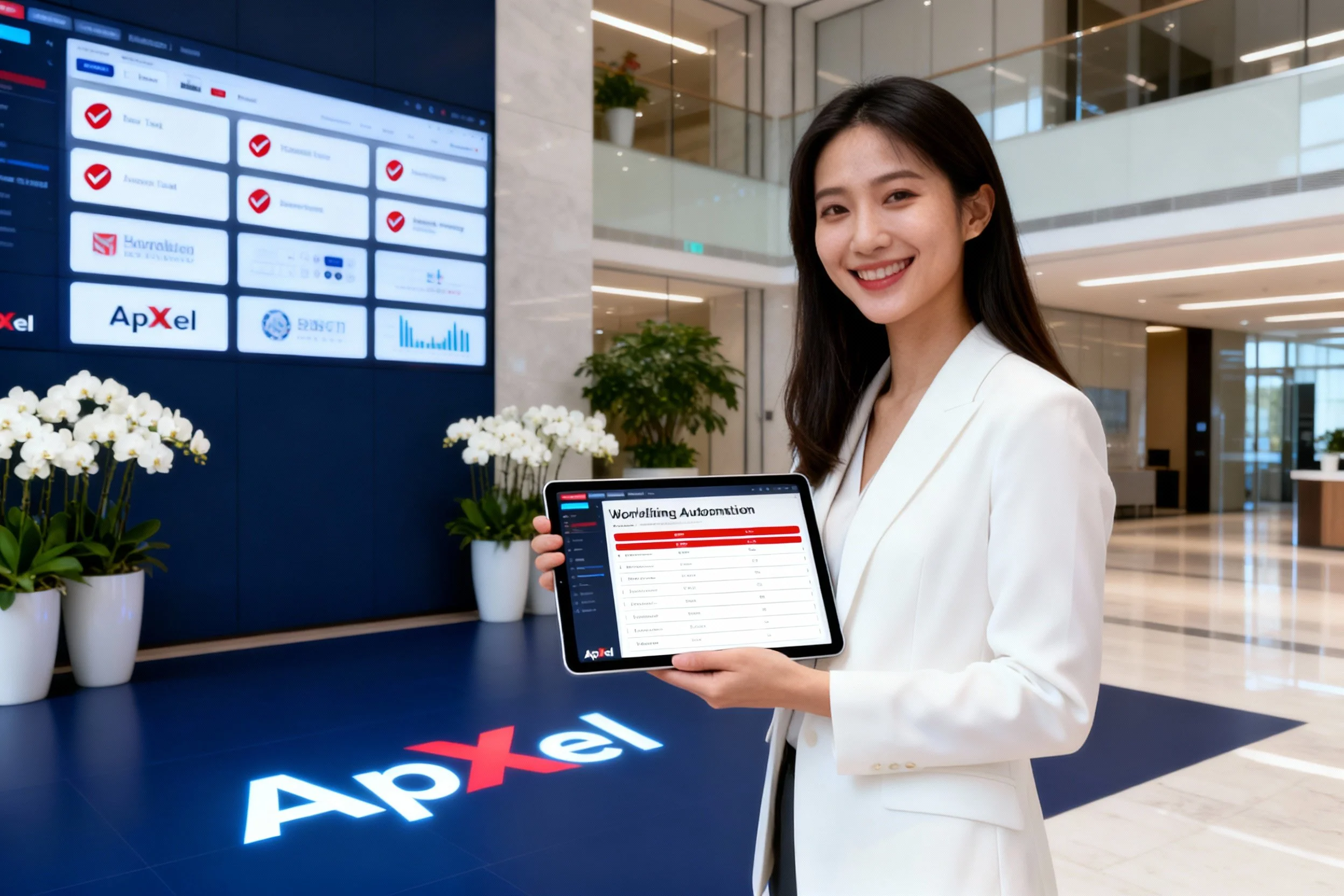 Woman smiling in a white blazer holding a tablet displaying a waiting authorization list at a corporate office lobby with digital screens and flowers in the background.