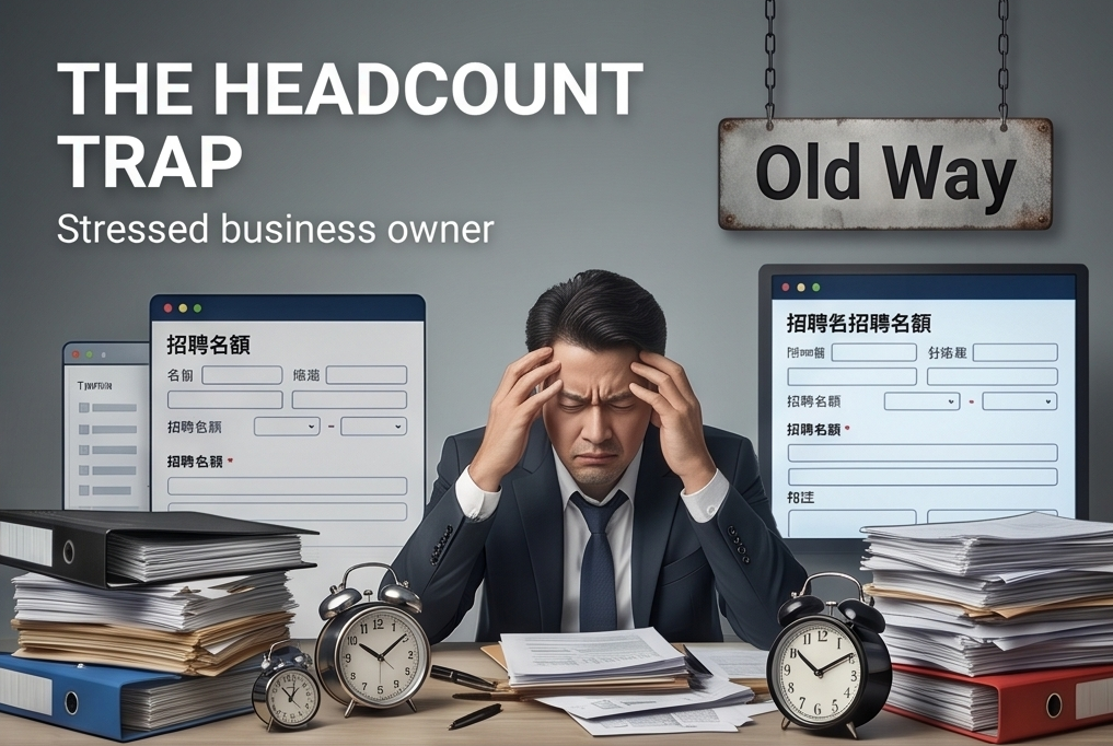 Stressed businessman in office surrounded by stacks of papers, clocks, and computer screens, with a sign reading 'Old Way' hanging above.
