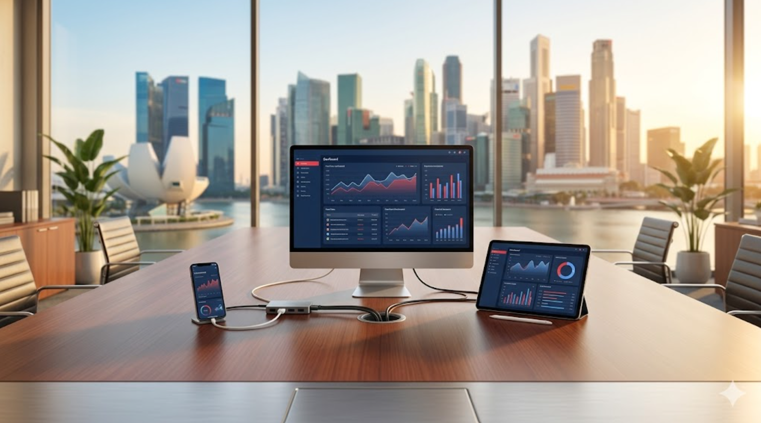 A conference room with a large wooden table and chairs, mounted screens showing financial data and graphs, with large windows overlooking a city skyline at sunset.