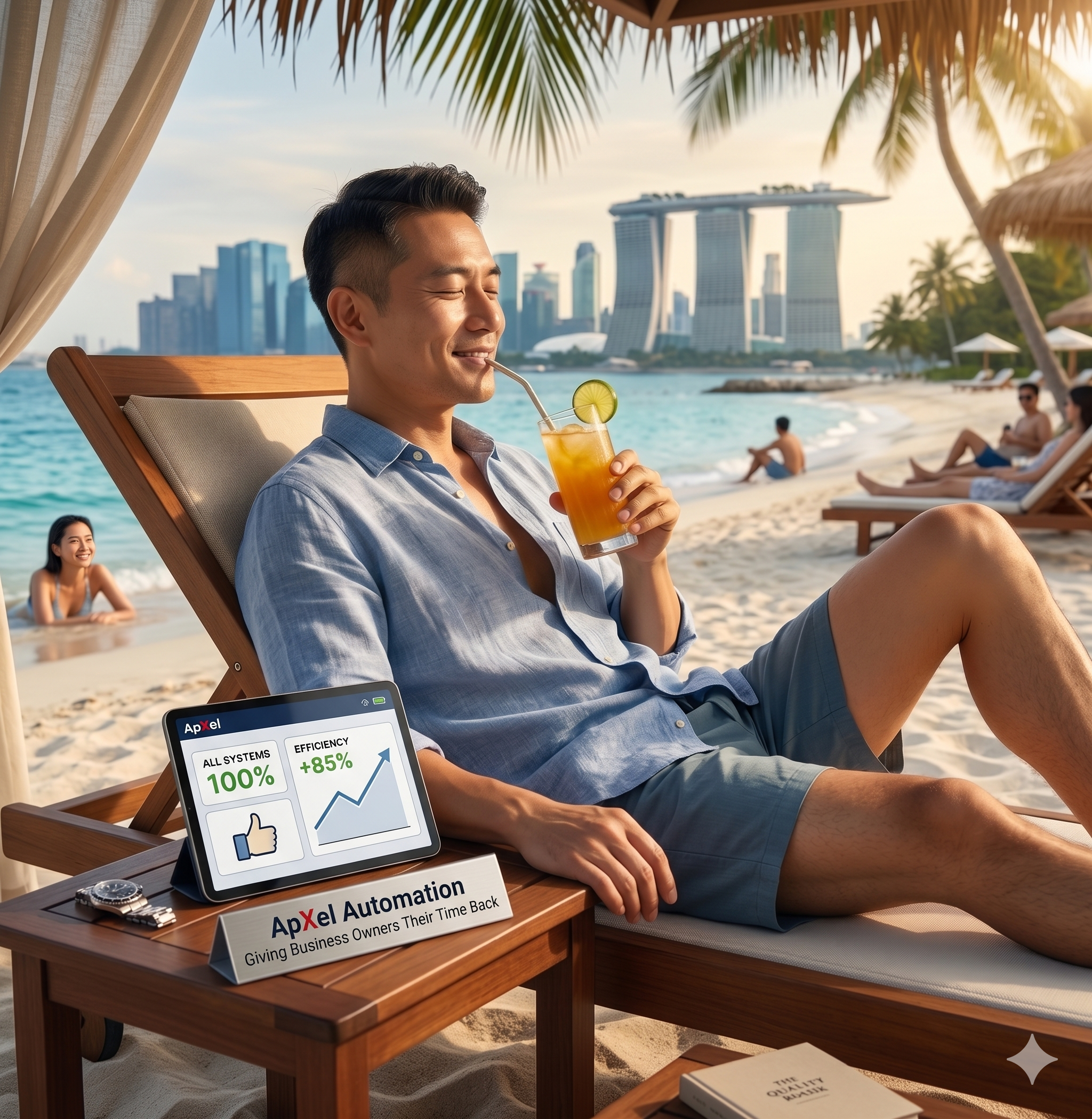 A man relaxing on a beach chair, holding a drink with lime slice. In the background, the Marina Bay Sands hotel and skyline of Singapore. There are beach umbrellas and other people on the sandy beach.