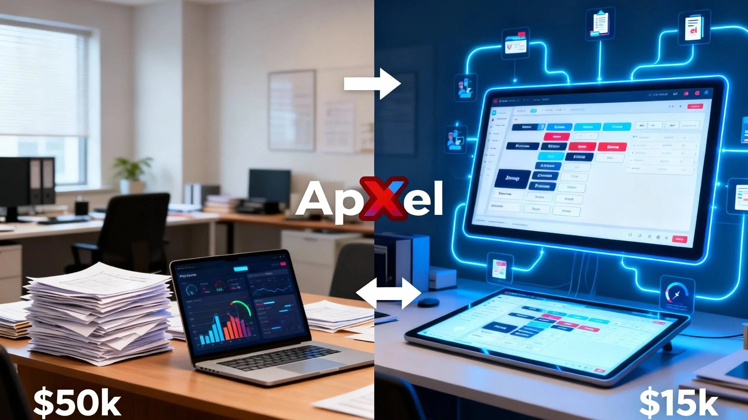 Comparison of two office scenes: the left side shows a cluttered desk with stacks of paper and a laptop displaying financial charts, with a salary of $50k. The right side shows a digital, high-tech workspace with multiple screens and digital graphics, with a salary of $15k.