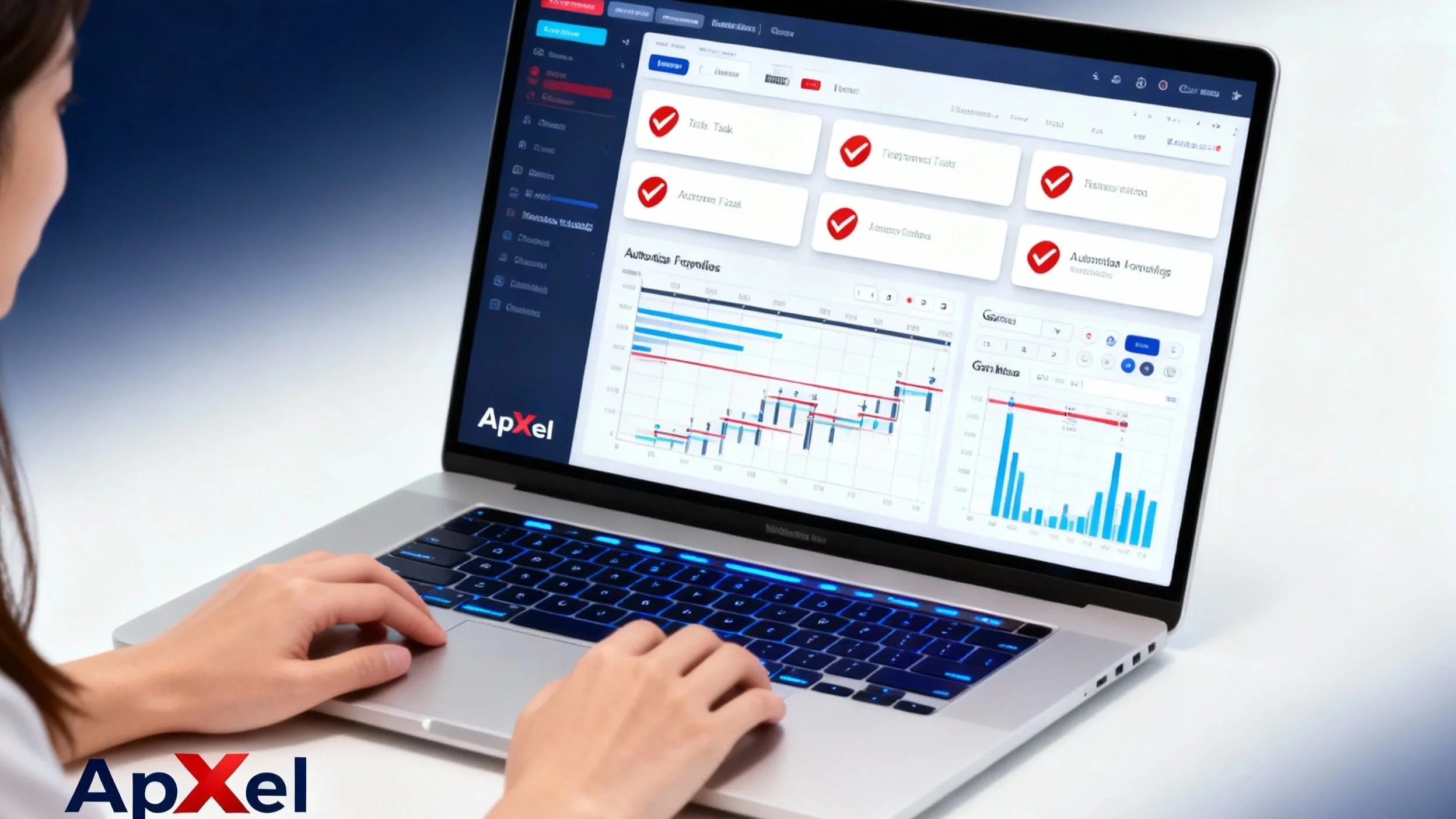 Person working on a laptop displaying a dashboard with charts and check marks, logo 'ApXel' in the corner.