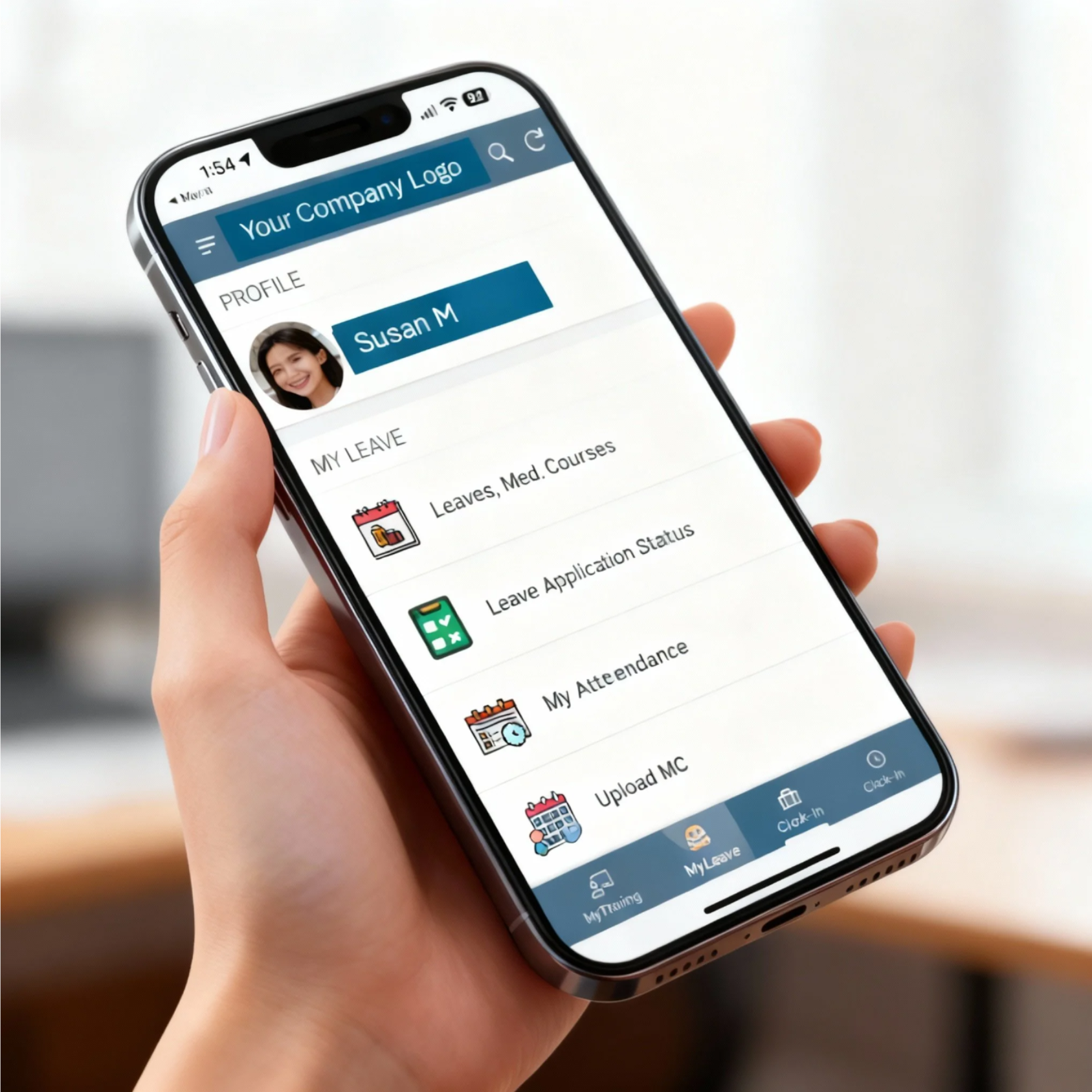 Smartphone displaying a company employee portal app with profile information, leave options, attendance, and upload features.