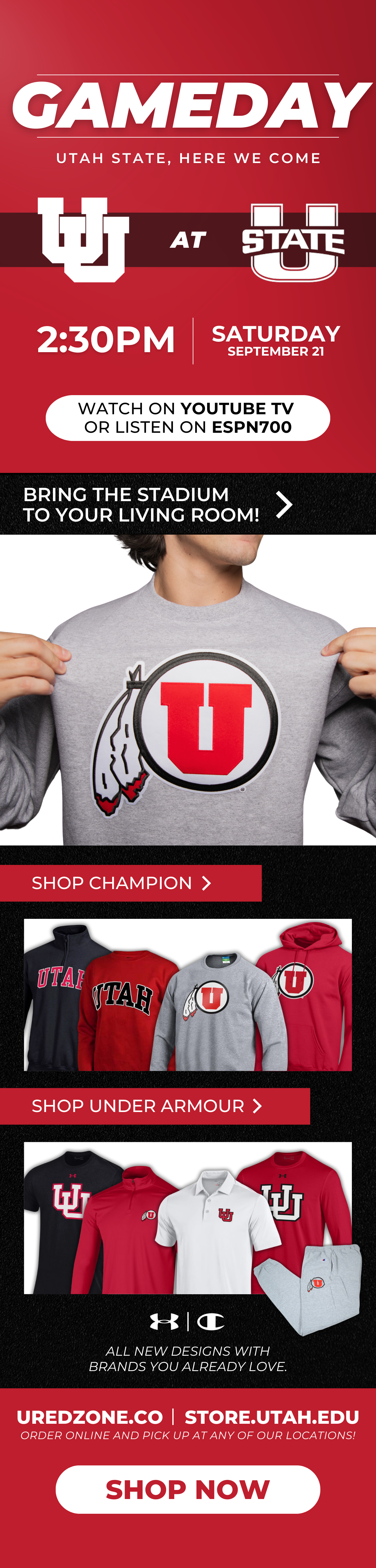 Promotional advertisement for a Utah State football game against the University of Utah on Saturday, September 21, at 2:30 PM, available on YouTube TV or ESPN.