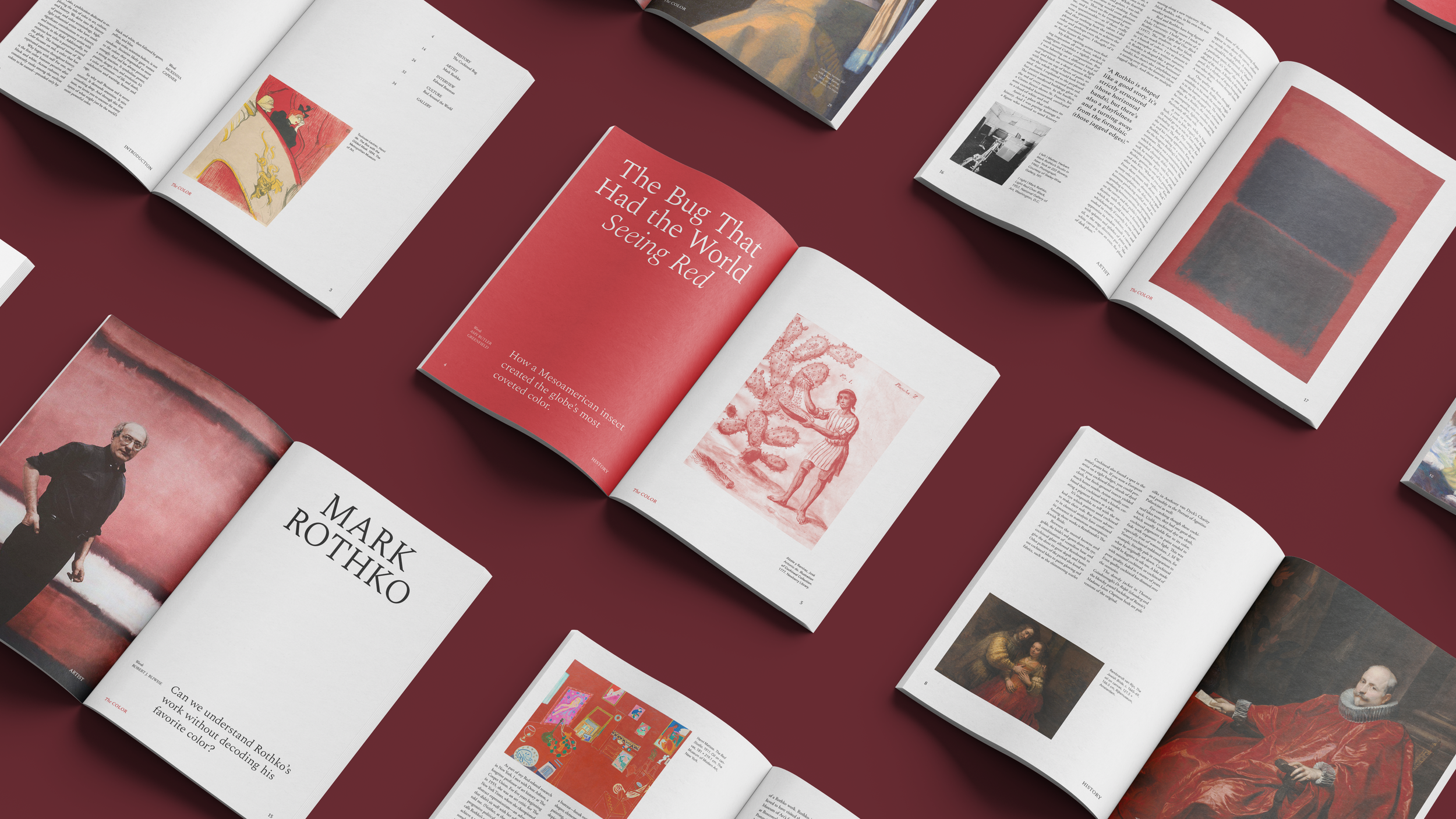 Open magazines spread out on a reddish surface, displaying pages with artwork, photographs, and text related to art and history.