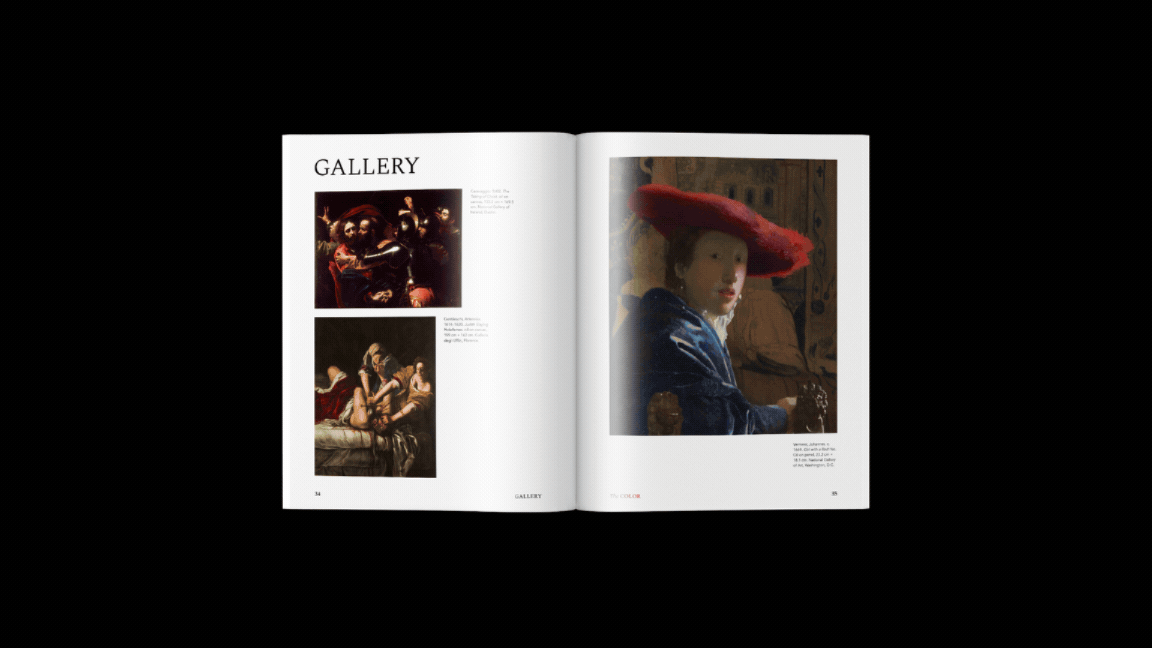 An open magazine with gallery images on the left page and a portrait of a child wearing a large red hat on the right page.