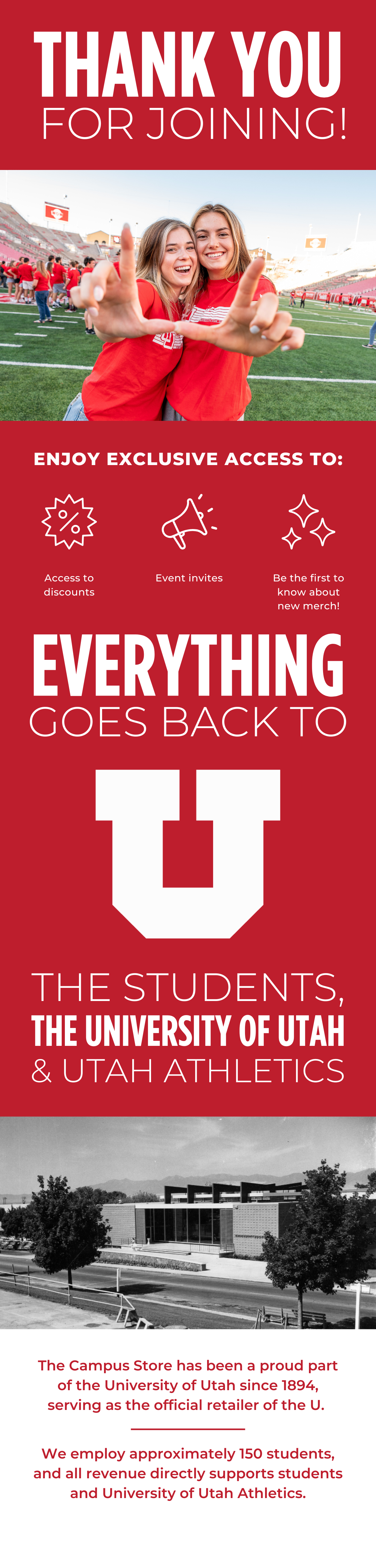 A promotional flyer for the University of Utah featuring a football game scene and two smiling young women in red shirts, with text expressing thanks for joining and promoting exclusive access to discounts, event invites, and new merchandise. The flyer emphasizes that everything benefits students, the university, and athletics.