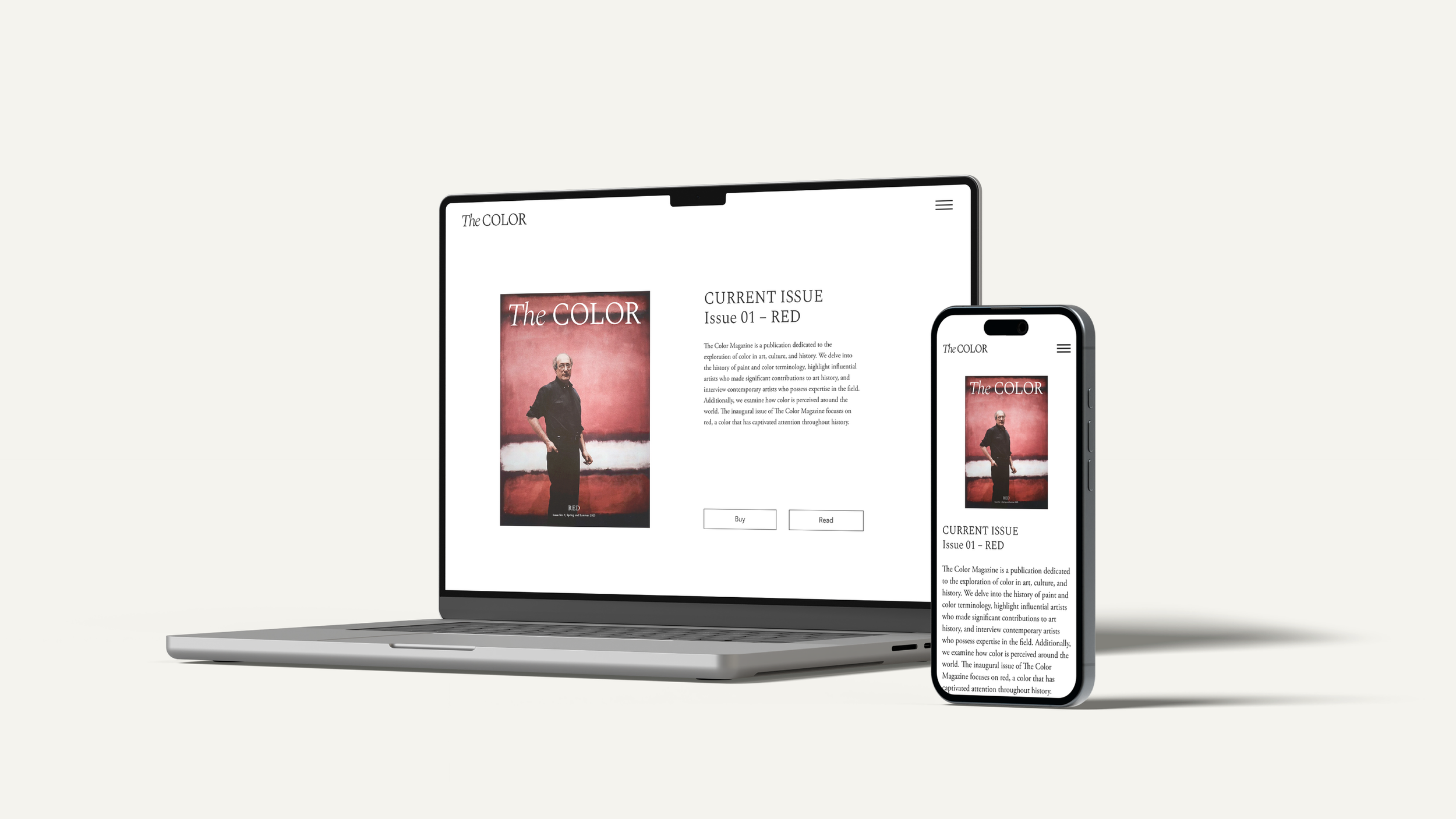 A laptop and smartphone displaying the cover of a magazine titled "The COLOR," featuring a man standing in front of a red background, along with some text about the magazine's current issue and content about color in art.